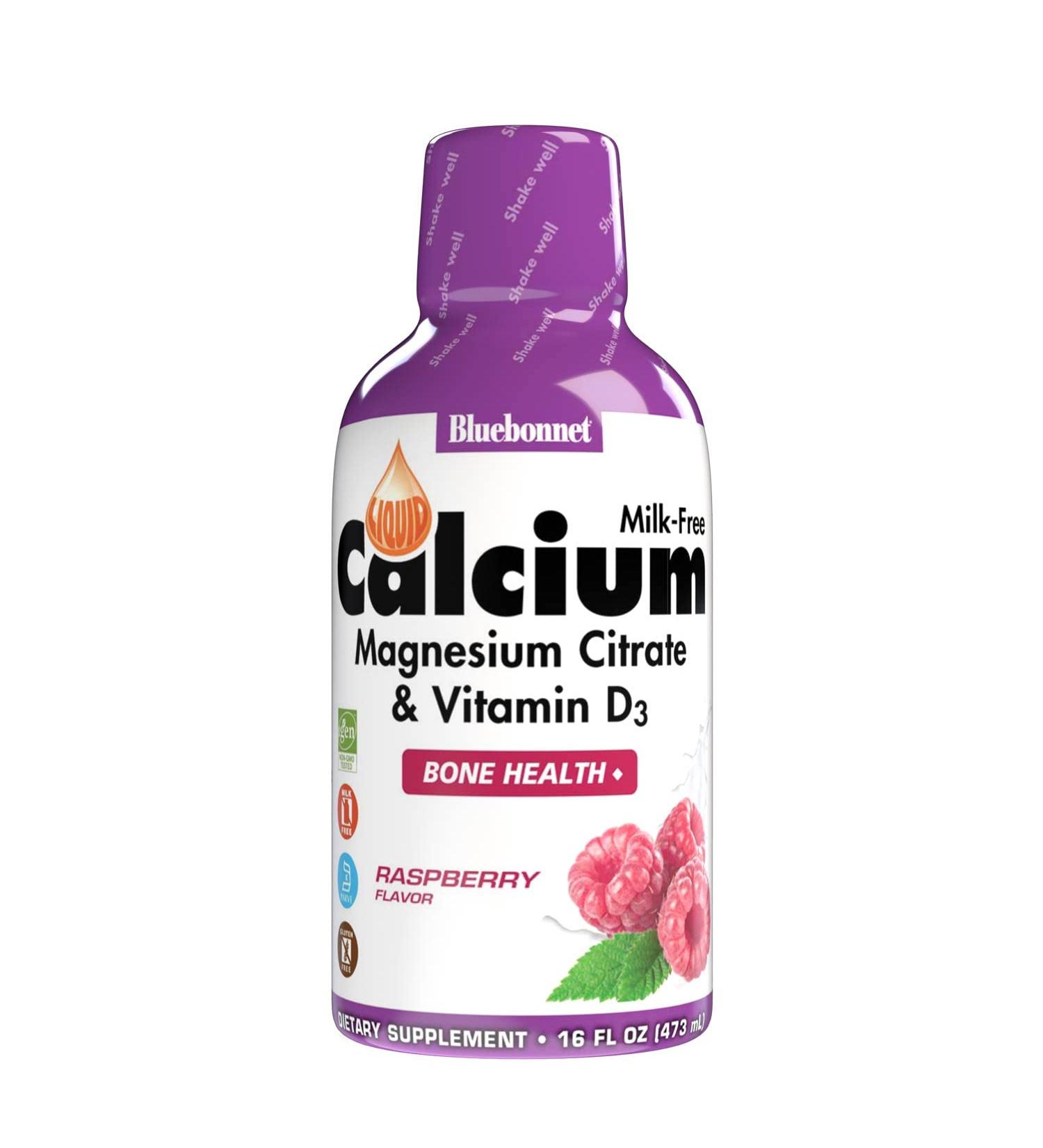 Bluebonnet Nutrition Liquid Calcium Citrate Magnesium Citrate with Vitamin D3 - Raspberry Flavor, 16 Fl Oz - Gluten, Soy, Milk Free - Kosher Certified - 32 Servings - Buy Online on GoSupps.com