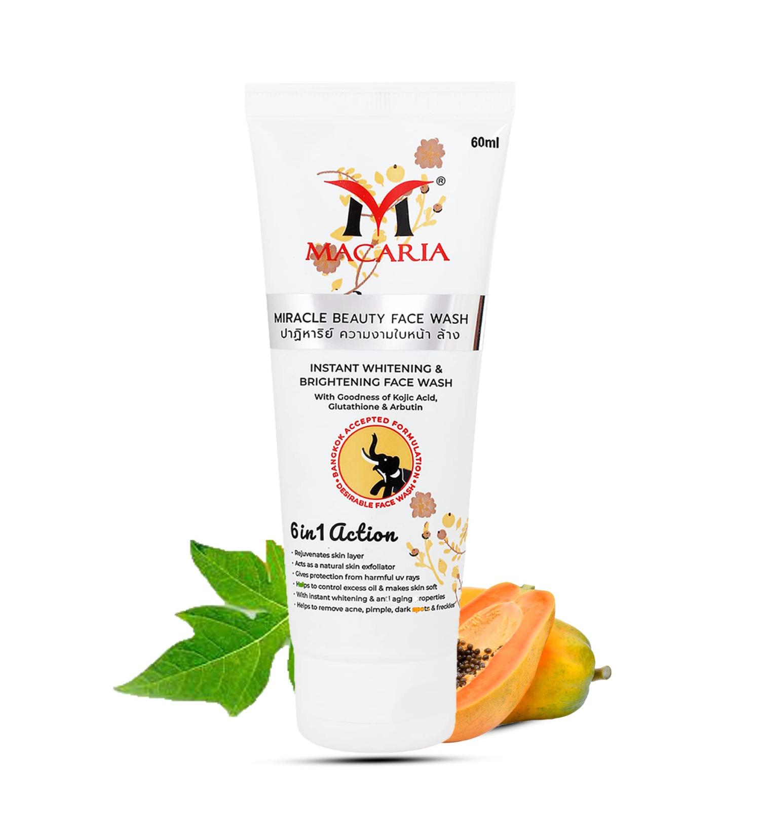 Miracle Beauty Instant Whitening Face Wash & Cleanser for Women & Men Deeply Hydrates & Exfoliates Skin with Natural Extracts of Papaya Hyaluronic Glycolic Salicylic & Kojic Acid 60ml - Buy Online on GoSupps.com