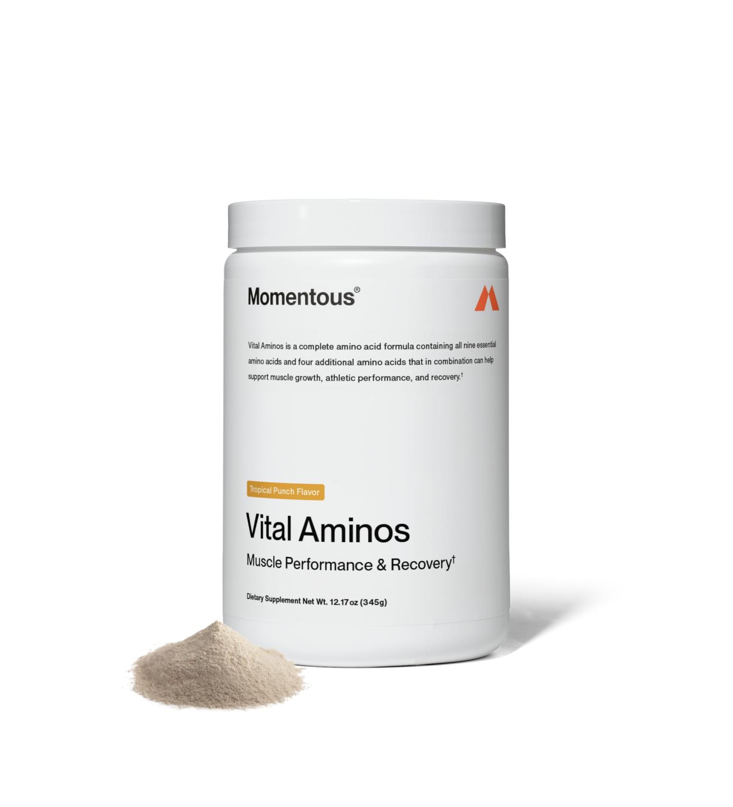 Momentous Vital Aminos Powder Supplement - BCAA & EAA - Tropical Punch - NSF Certified for Sport - GMO- & Gluten-Free - 30 Servings - Package May Vary - Buy Online on GoSupps.com