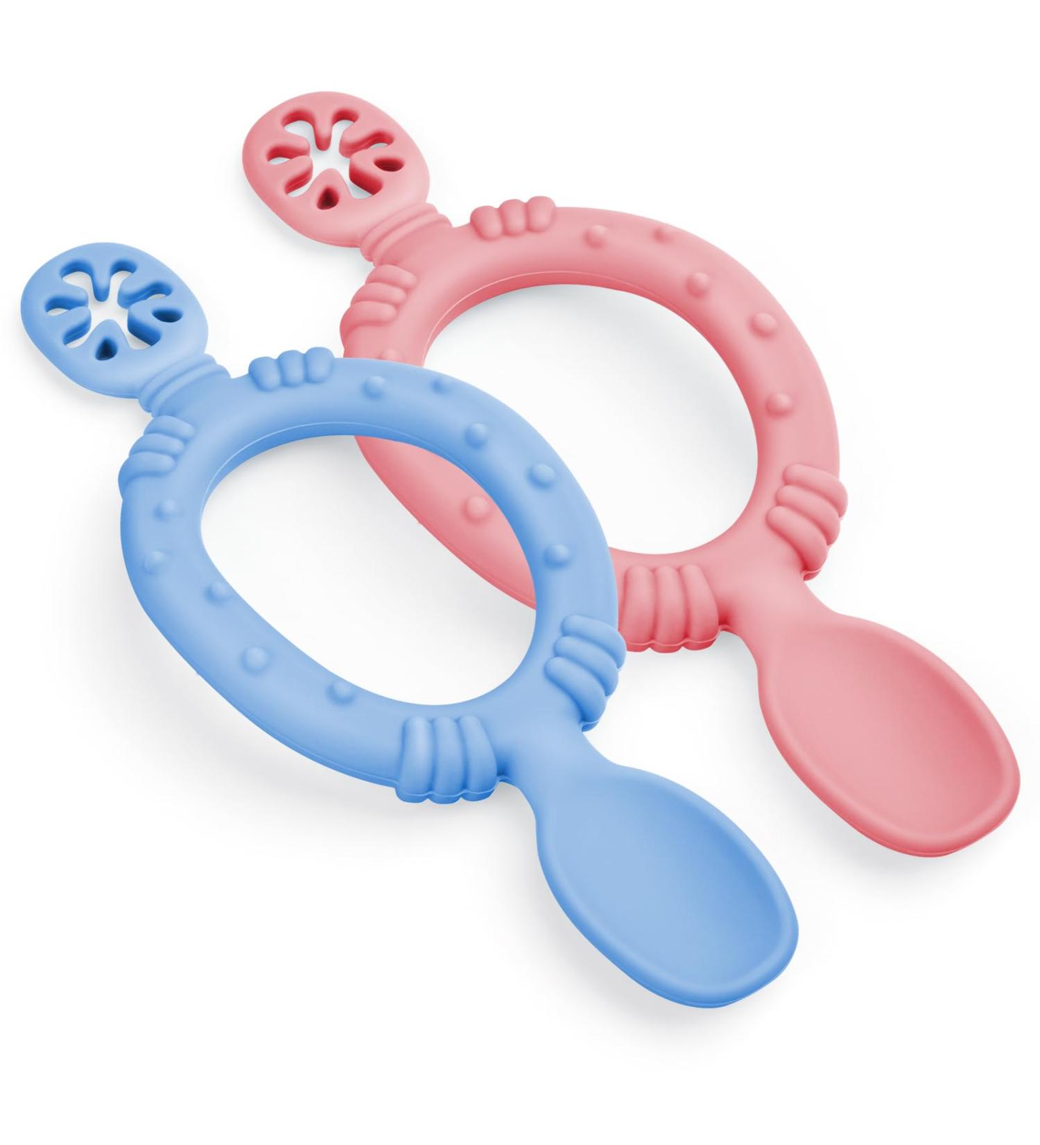 Vicloon Silicone Baby Spoon and Fork Set - Self Feeding Utensils for Infant Toddler Children | Weaning 6 Months and Up | Blue & Pink - Buy Online on GoSupps.com