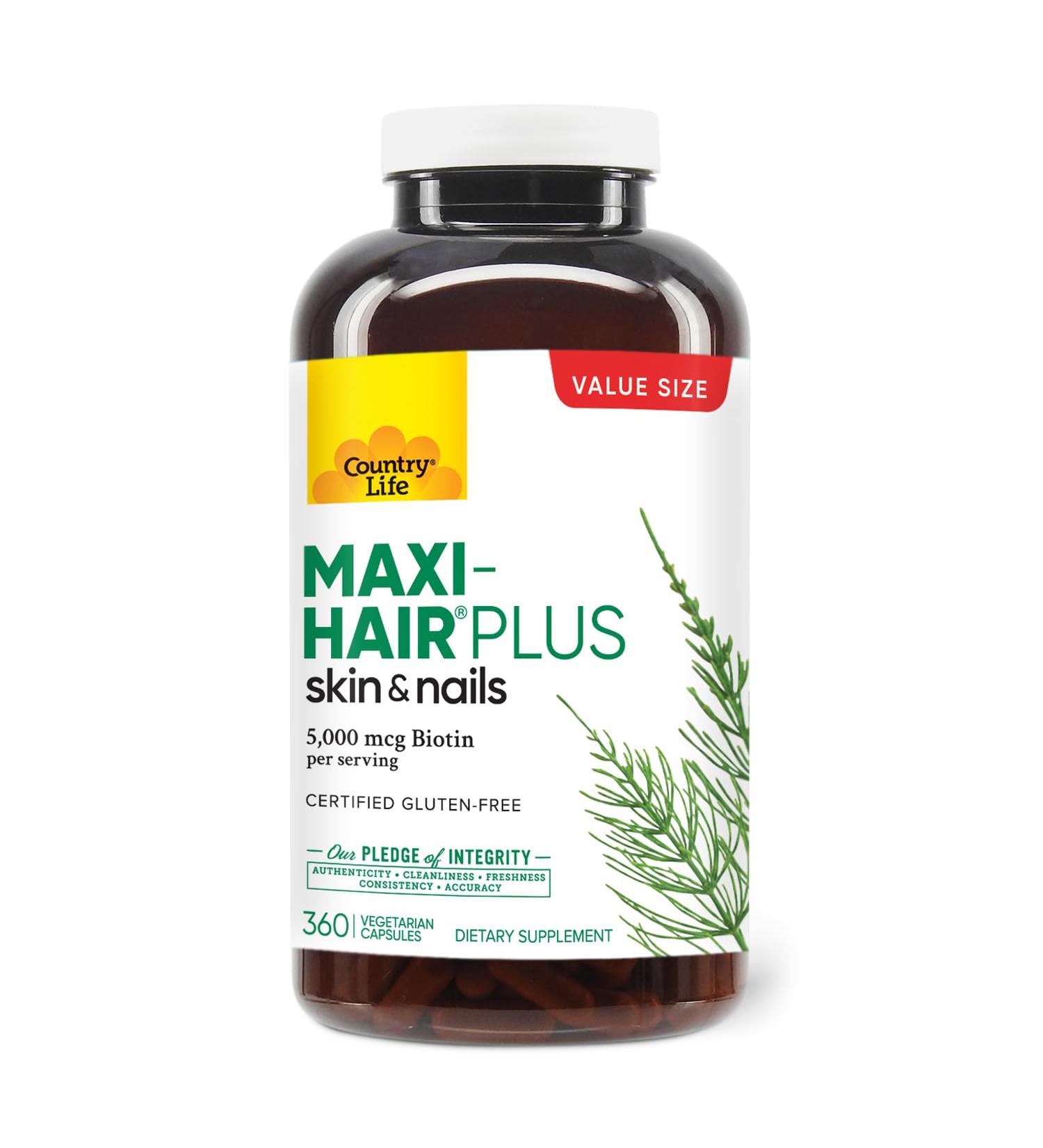 Country Life Maxi-Hair Plus 5000 mcg Biotin 360 Capsules Certified Gluten Free Certified Vegetarian - Buy Online on GoSupps.com