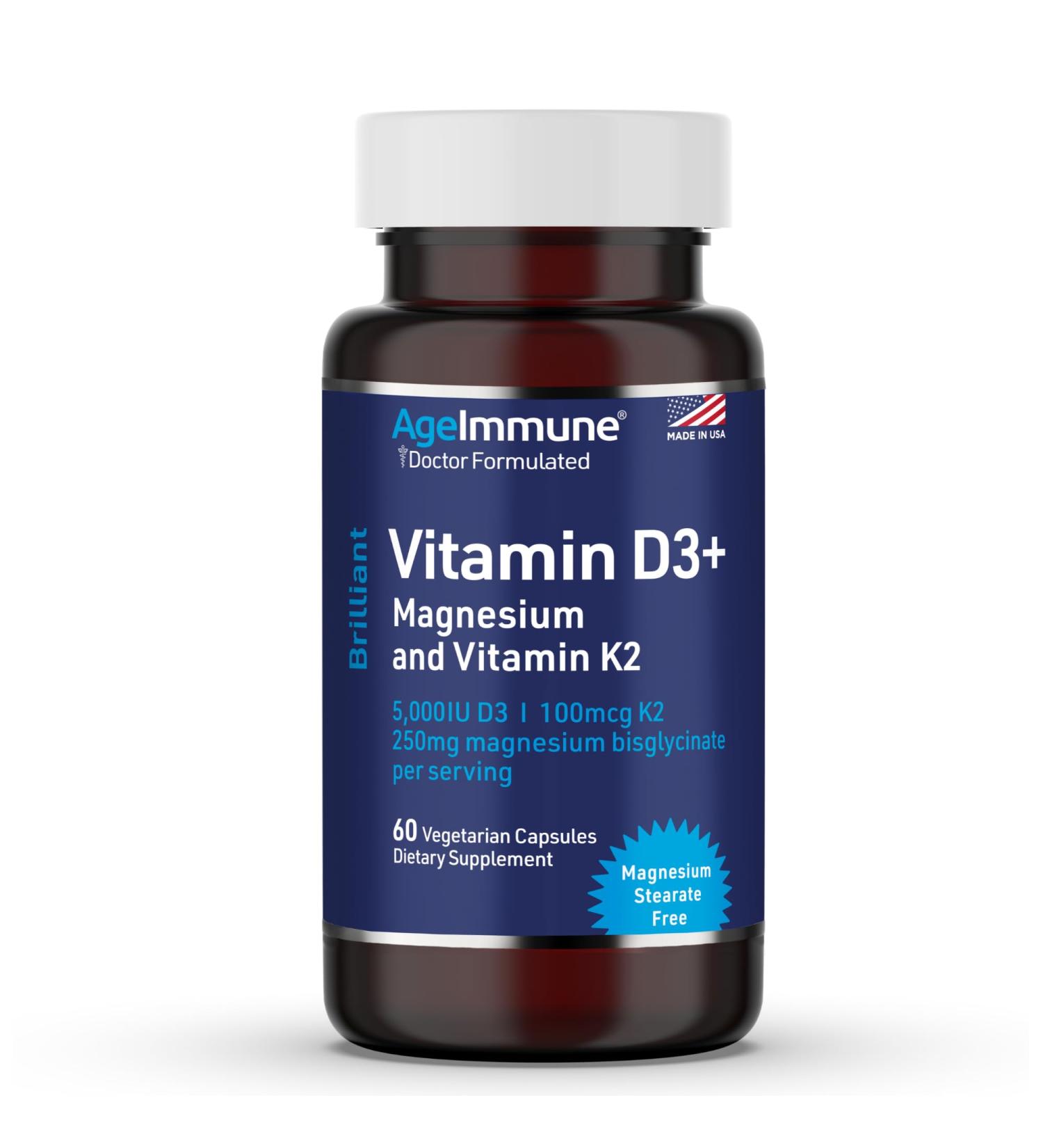 AgeImmune Brilliant D3+ Complex - 60 Capsules - 5000 IU Vitamin D3 + K2 + Magnesium Glycinate Supplement - Doctor Formulated for Immune & Bone Support - No Stearates No Dioxides - Buy Online on GoSupps.com