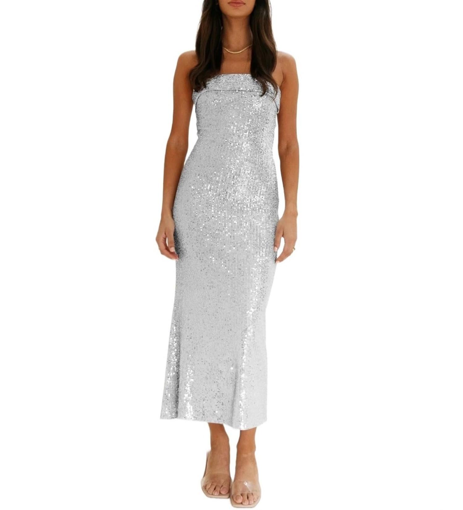 Tube Long Dresses for Women Sequined Solid Color Bodycon Strapless Off Shoulder Bandeau Dress Sexy L Silver - Buy Online on GoSupps.com