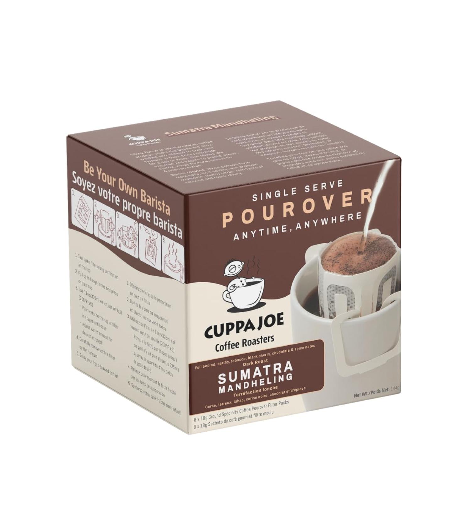 CuppaJoe Coffee Roasters Single Serve Pour Over Sumatra Mandheling Dark Roast Ground Coffee Filter Packs 8 x 18g - Buy Online on GoSupps.com