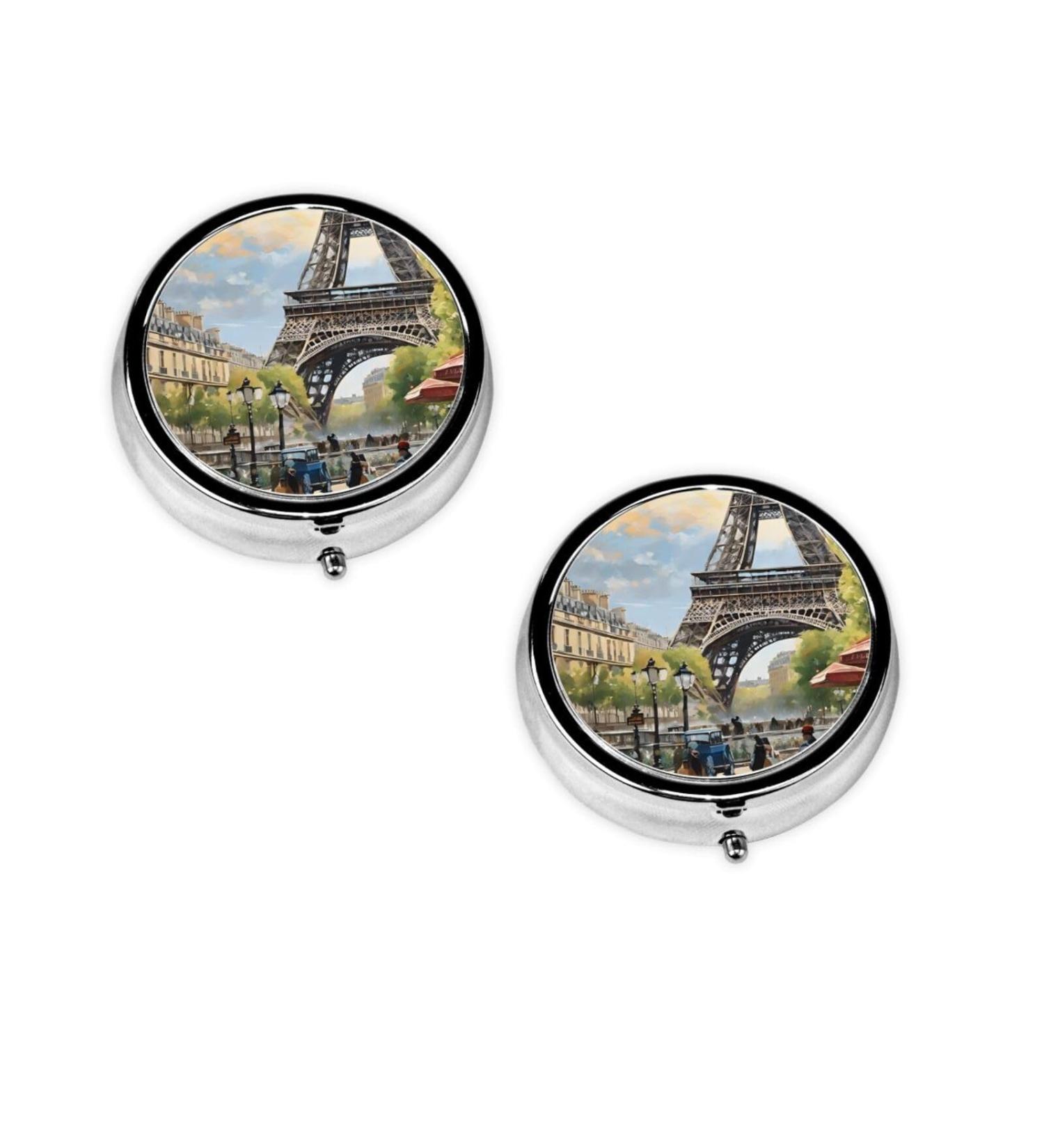 Romantic Paris Eiffel Tower Mini Round Pill Box | 3 Compartment Travel Pill Organizer | Portable Medicine Case for Home & Office - Buy Online on GoSupps.com