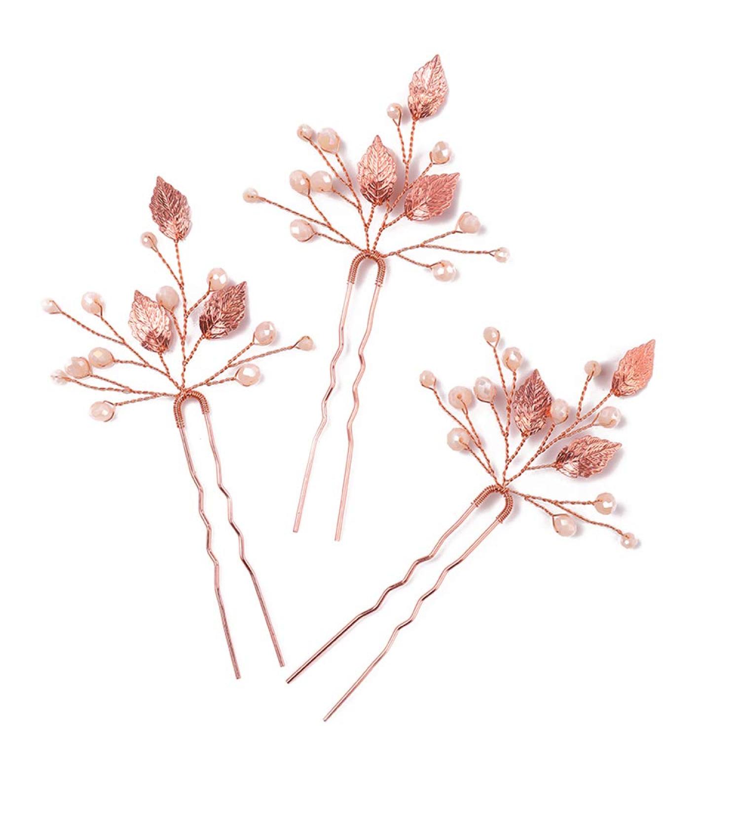 Missgrace Bridal Crystal Leaf Rose Gold Hair Pins - Pack of 3 | Wedding Hair Accessories - Buy Online on GoSupps.com