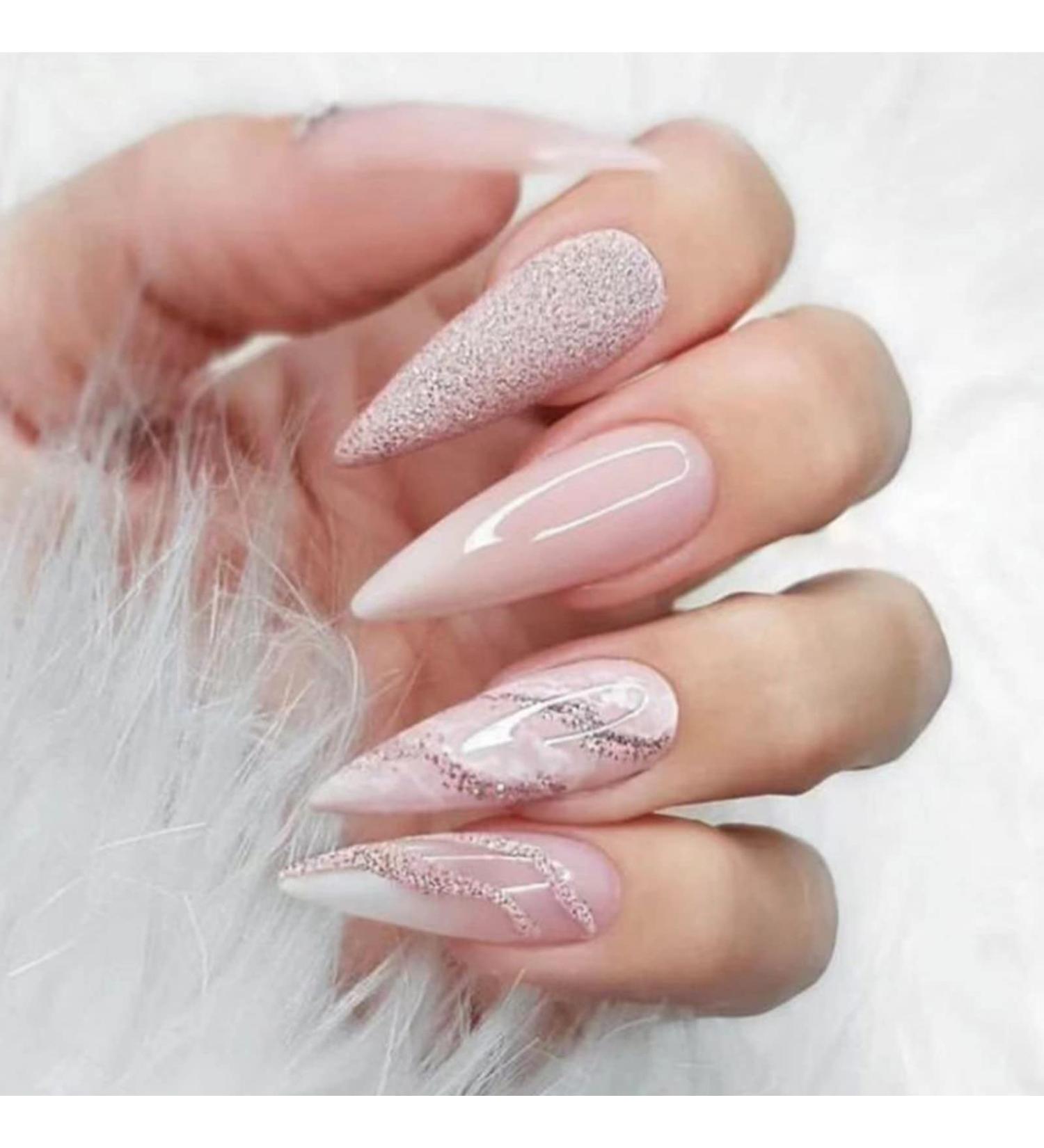 Justotry 24 Pcs Stiletto Marble Fake Nails | Long Peach French Press on Nails | Beautiful Swirl Almond Stick on Nails | Acrylic Extra Long False Nails with Glue | Nail Art Marble & Stiletto - Buy Online on GoSupps.com