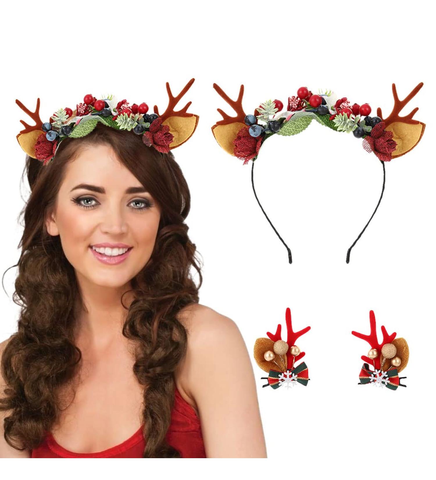 IYOU Christmas Headbands Hair Clips Red Reindeer Antlers Hair Band Flower Dear Ear Hair Accessories for Party Halloween Cosplay - Buy Online on GoSupps.com