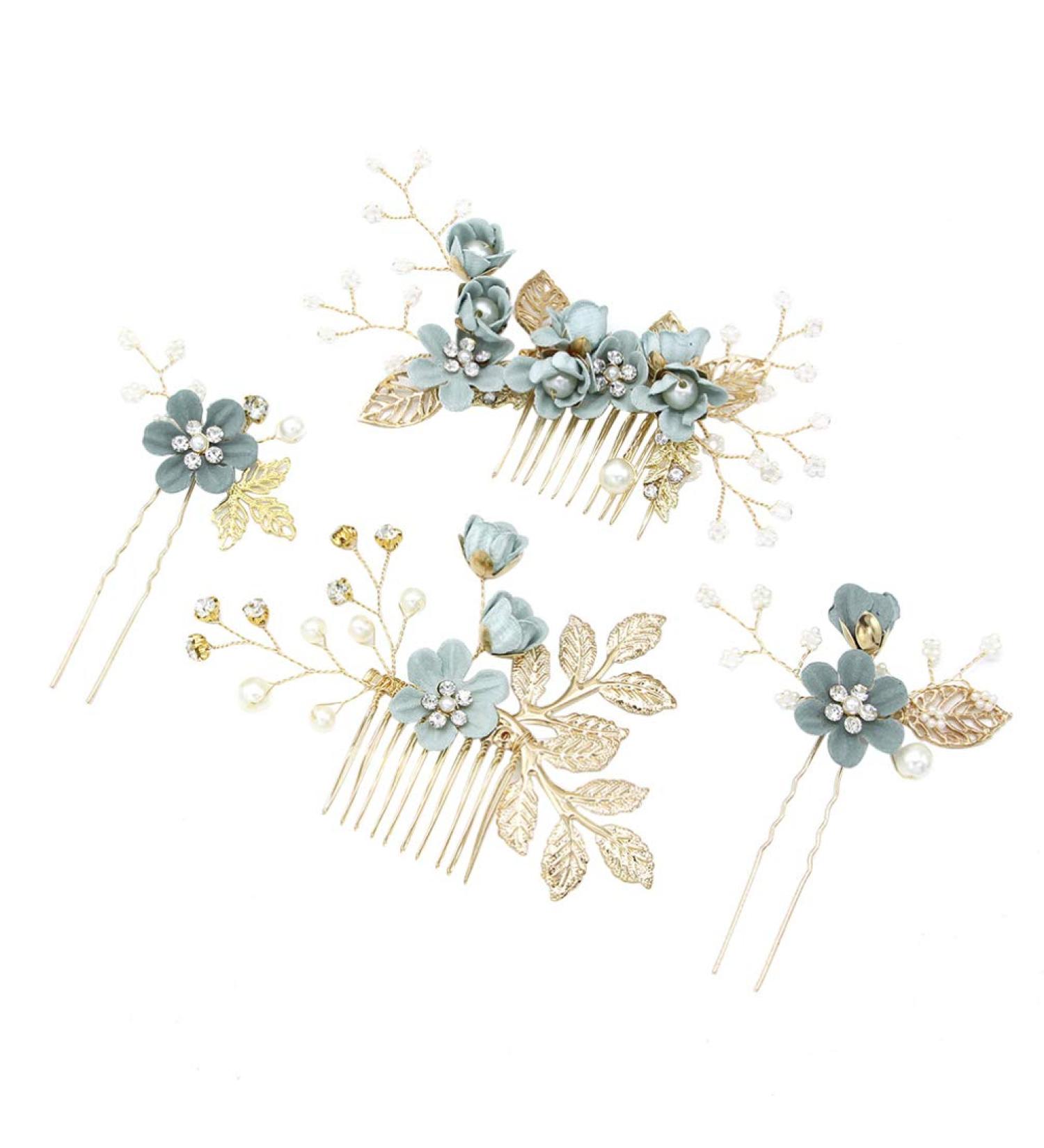 NUOBESTY 4pcs Wedding Hair Comb Set - Handmade Floral Bridal Headpiece with Rhinestones in Green | Bridal Hair Pin & Clip Set for Bride - Wedding Dress Accessories - Buy Online on GoSupps.com