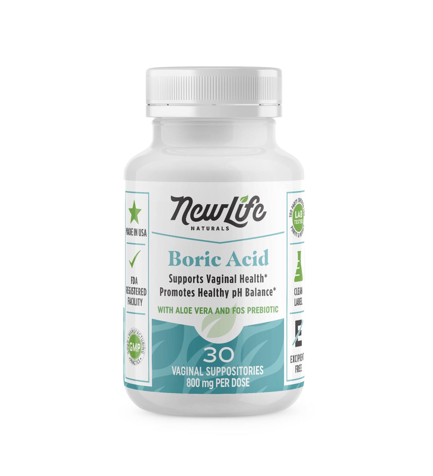 NewLife Naturals Boric Acid Vaginal Suppositories with Aloe Vera & FOS Prebiotic - 30 Capsules - Made in USA - Buy Online on GoSupps.com