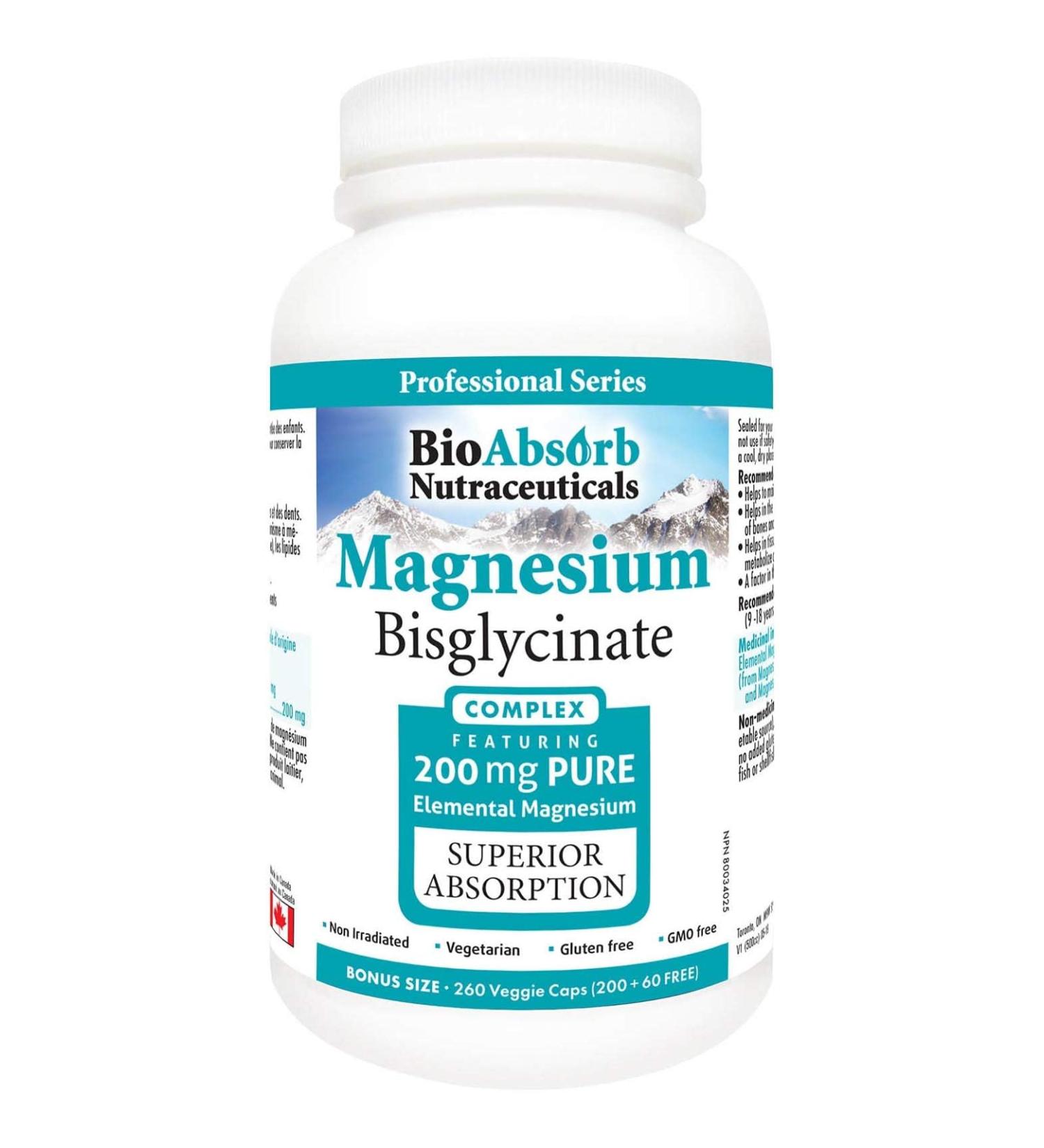 Bio Absorb Magnesium Glycinate Supplement - 200mg Chelated Elemental Magnesium - 260 Vegan Capsules - Buy Online on GoSupps.com