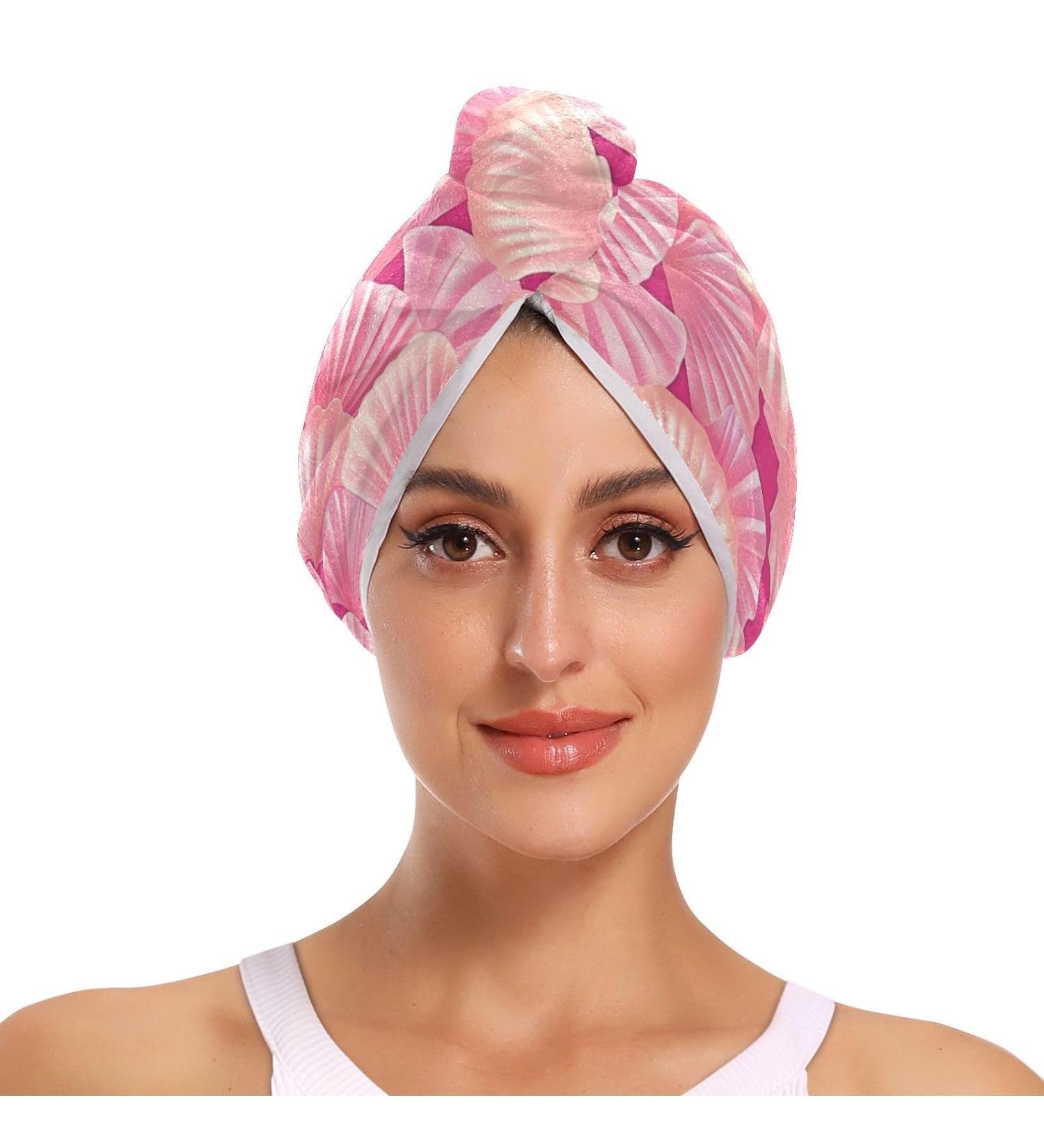 Pink Seashells Hair Towel 2 Pack - Super Absorbent Quick Dry Hair Turbans for Women & Girls - Buy Online on GoSupps.com
