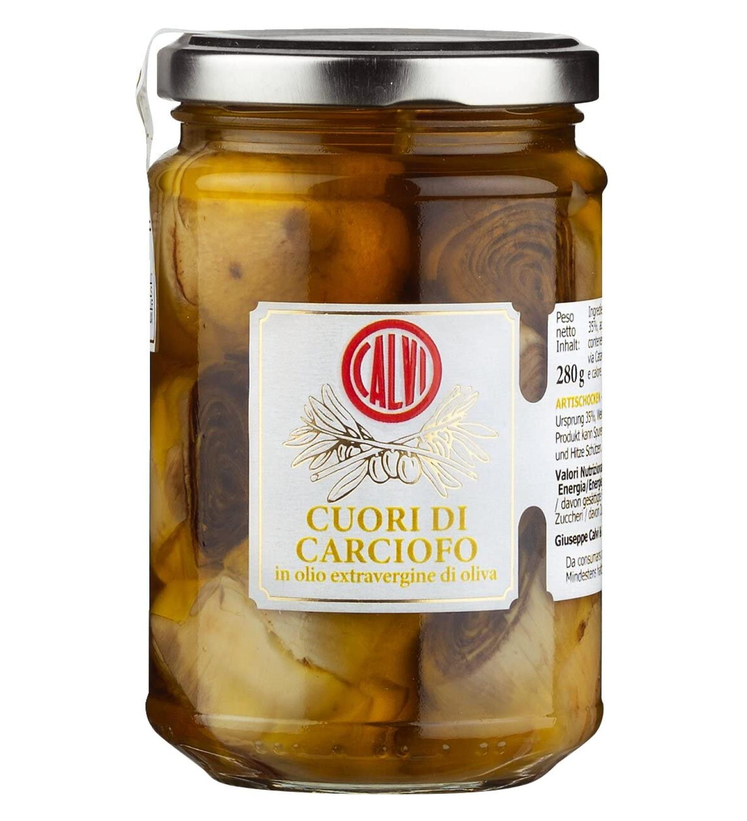 Calvi - artichoke hearts in a native olive oil extra 280 g glass with a dash of vinegar refined with finely chopped mint and garlic as a side dish to raw or cooked ham