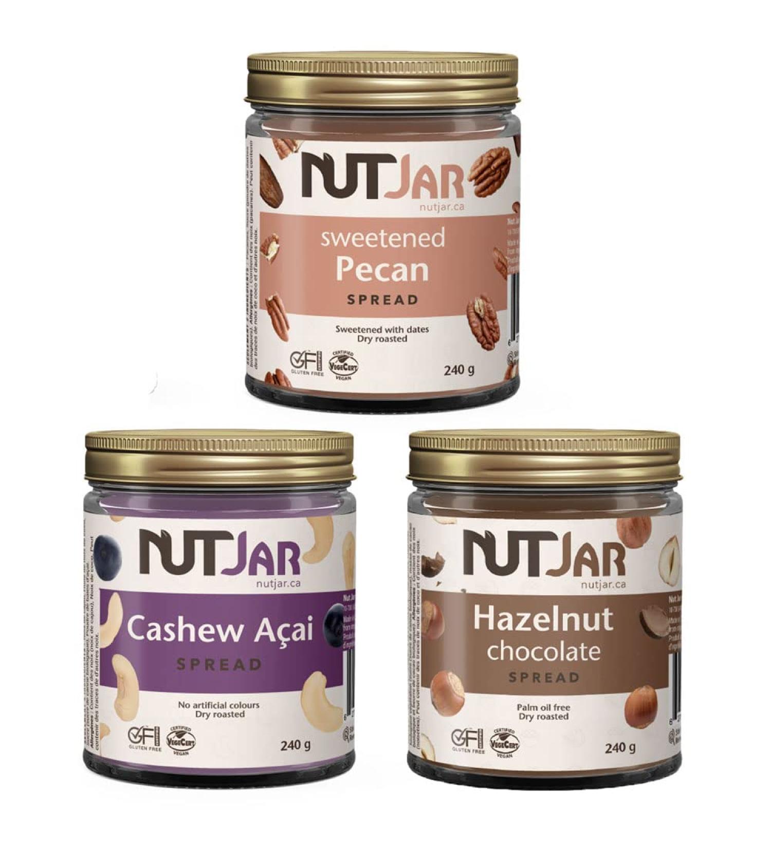 NutJar Premium Nut Spreads 3 x 240 g Variety Pack Pecan Spread Cashew Acai Spread Hazelnut Chocolate Spread No Artificial Colours or Preservatives Vegan Gluten Free Keto Friendly Made in Canada - Buy Online on GoSupps.com