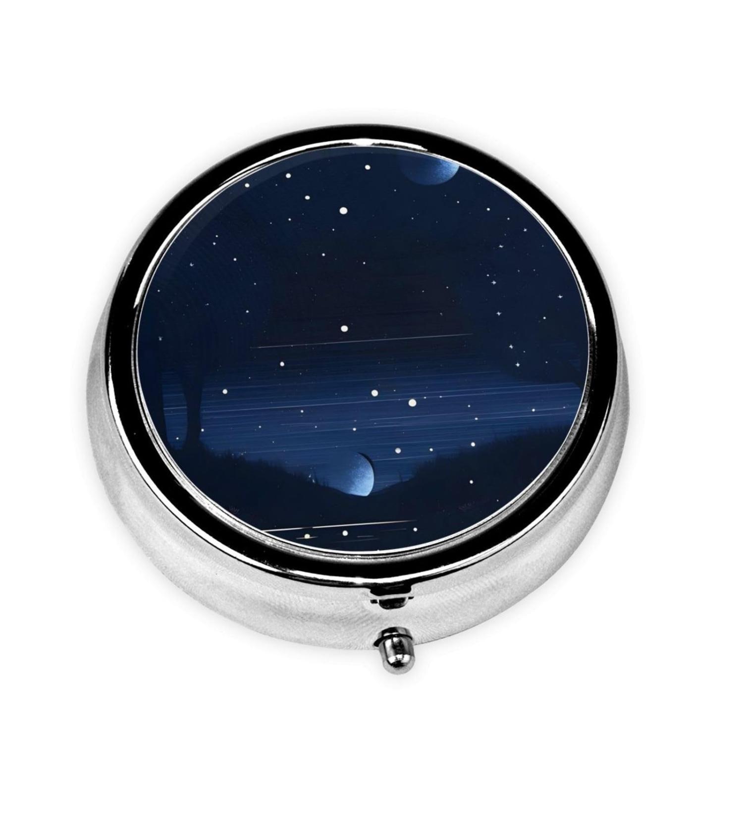 Dark Blue Night View Round Pill Box - 3 Compartment Organizer for Travel & Purse - Portable Pill Storage Solution - Buy Online on GoSupps.com