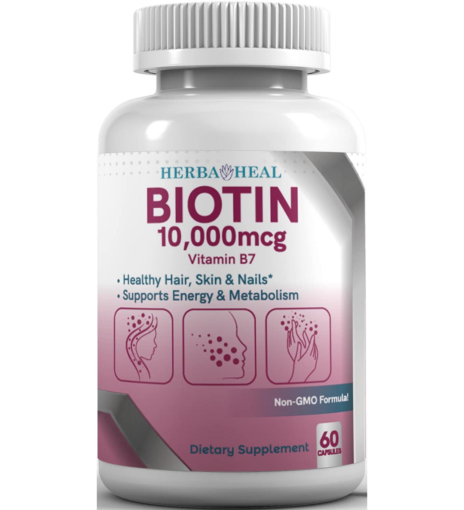 Herba Heal Biotin 10,000MCG Capsules - High Potency Hair Growth Vitamin B7 Supplement for Skin, Nails & Hair - Vegan Friendly for Women & Men - Buy Online on GoSupps.com