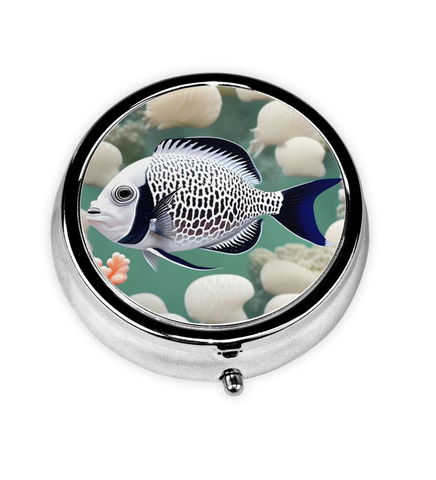 White Tropical Fish Round Pill Box | 3 Compartment Portable Organizer for Travel & Purse - Buy Online on GoSupps.com