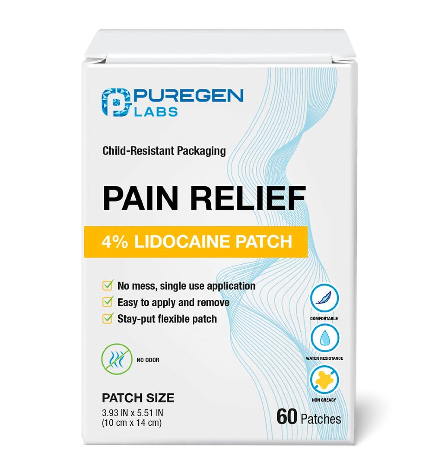 Puregen Labs Lidocaine 4% Numbing Patch - Total 60 Patches Maximum Strength | Fast Acting Temporary Relief of Aches | Back Neck Shoulders Elbows and Knees 2 Pack - Buy Online on GoSupps.com
