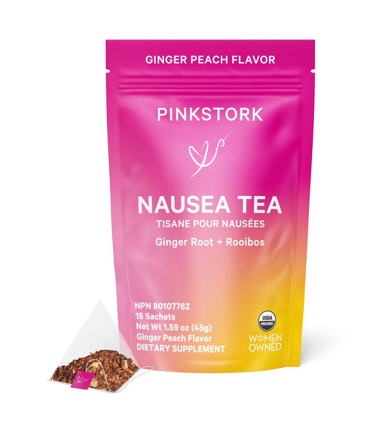Pink Stork Nausea Relief Tea: 100% Organic Nausea Relief Tea Ginger Tea for Motion Sickness Digestion Nausea Relief for Women Women-Owned Ginger Peach 30 Cups - Buy Online on GoSupps.com