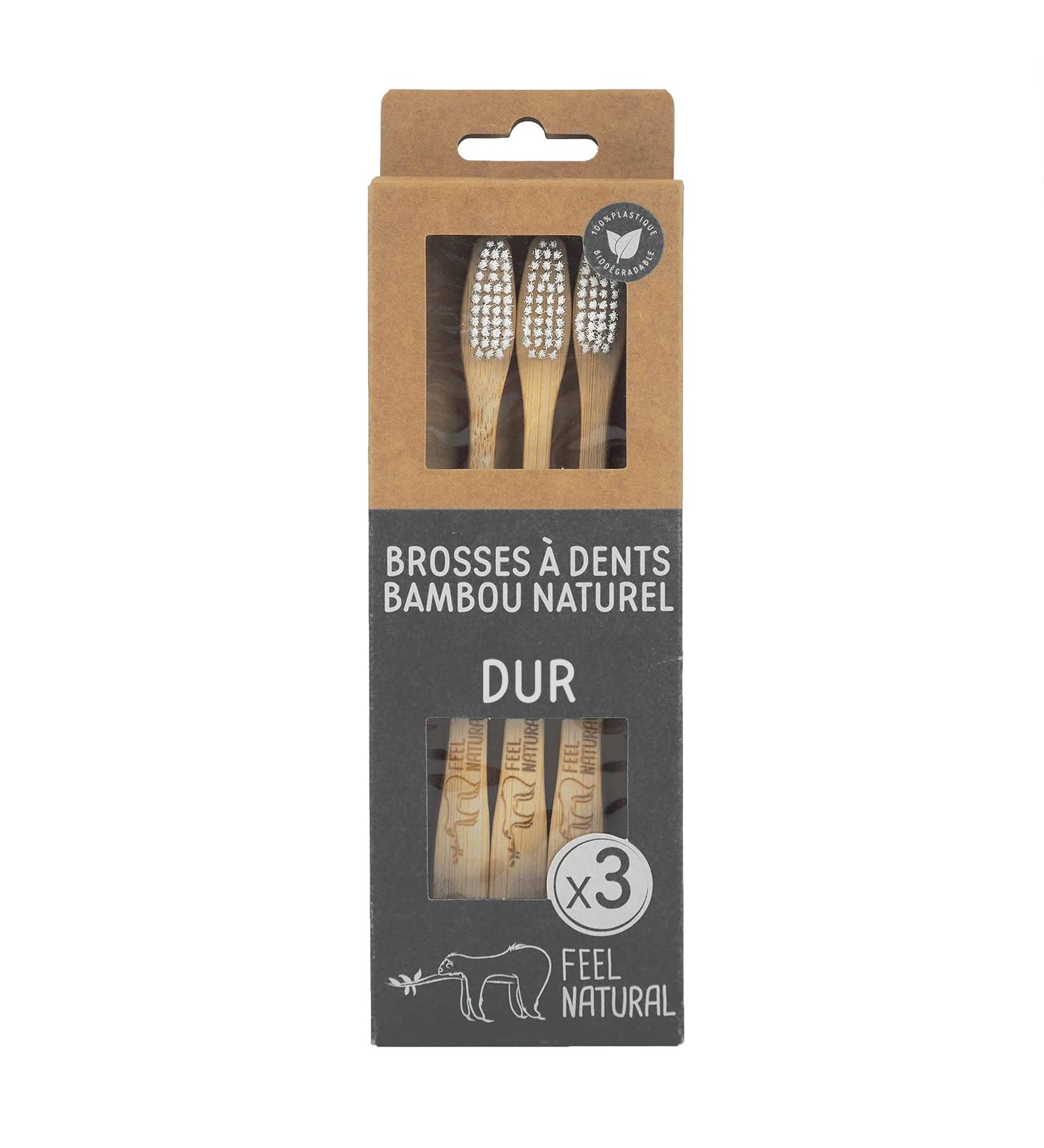 FEEL NATURAL Set of 3 Eco-Friendly Hard Toothbrushes | Sustainable Wooden Brushes for Healthy Teeth - Buy Online on GoSupps.com