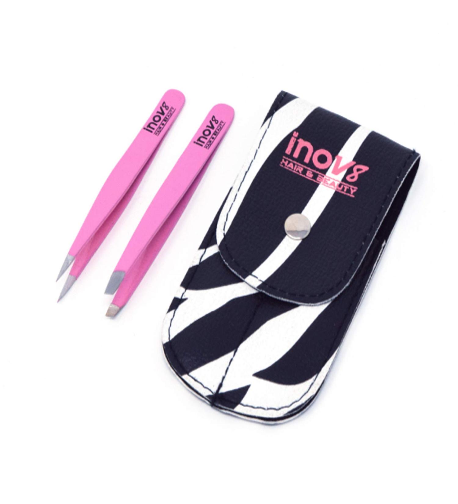 Stainless Steel Eyebrow Pink Tweezers with Zebra Designed Travel Pouch - Plucking Beauty Tool - Plucking 2 Pieces Set for Ingrown Hair and Facial Hair - Buy Online on GoSupps.com