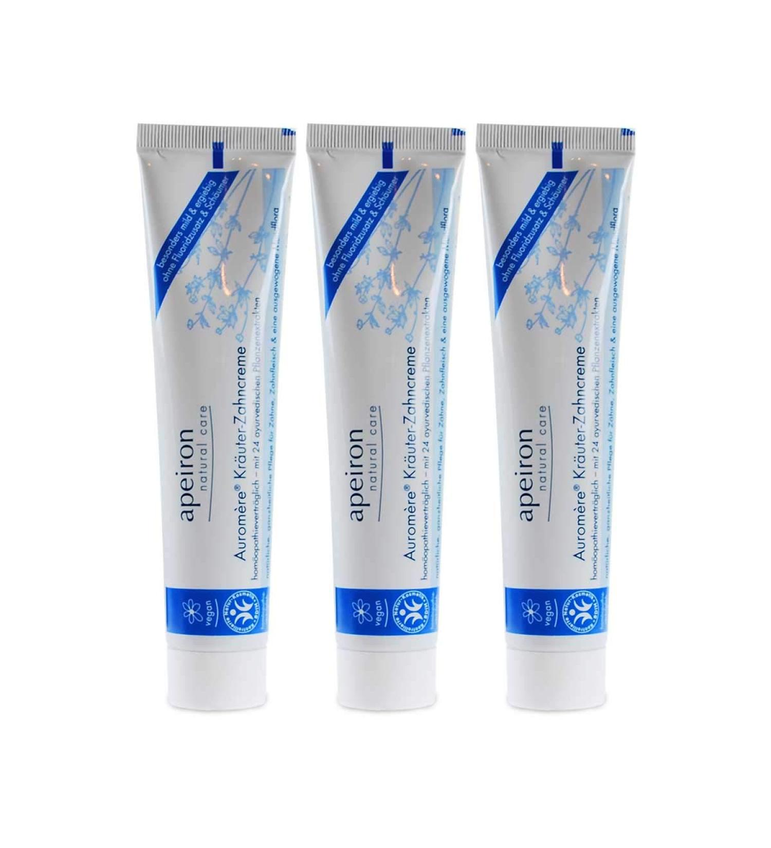 APEIRON Auromere Herbs Toothpaste | Organic Vegan Mint Flavor | Fluoride-Free Homeopathy-Friendly Natural Cosmetics (3 x 75 ml) - Buy Online on GoSupps.com
