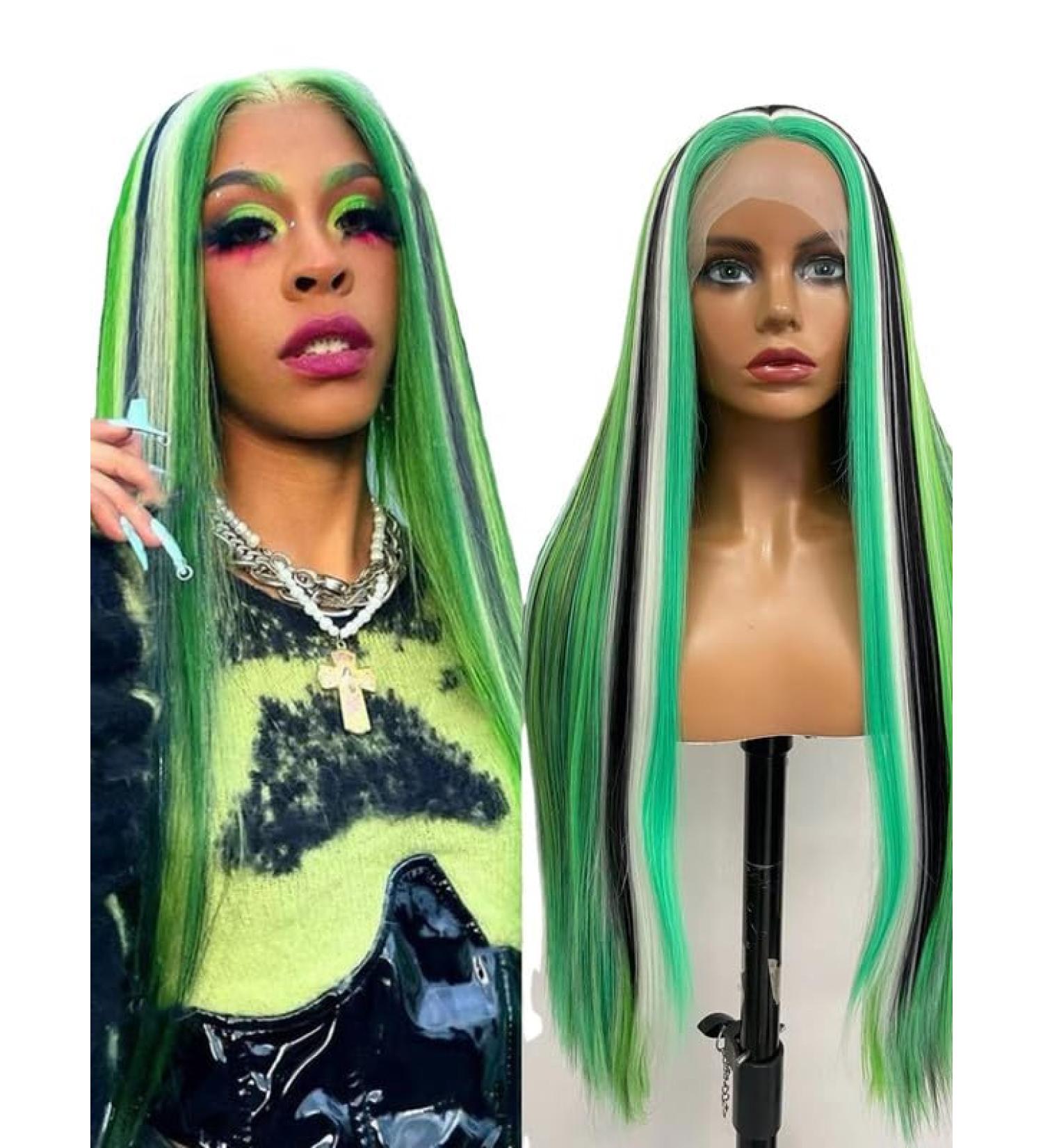 Vebonny 26 Emerald Monochrome Lace Front Wig - Stylish Green/Black/White Synthetic Hair for Fashion & Cosplay - Buy Online on GoSupps.com