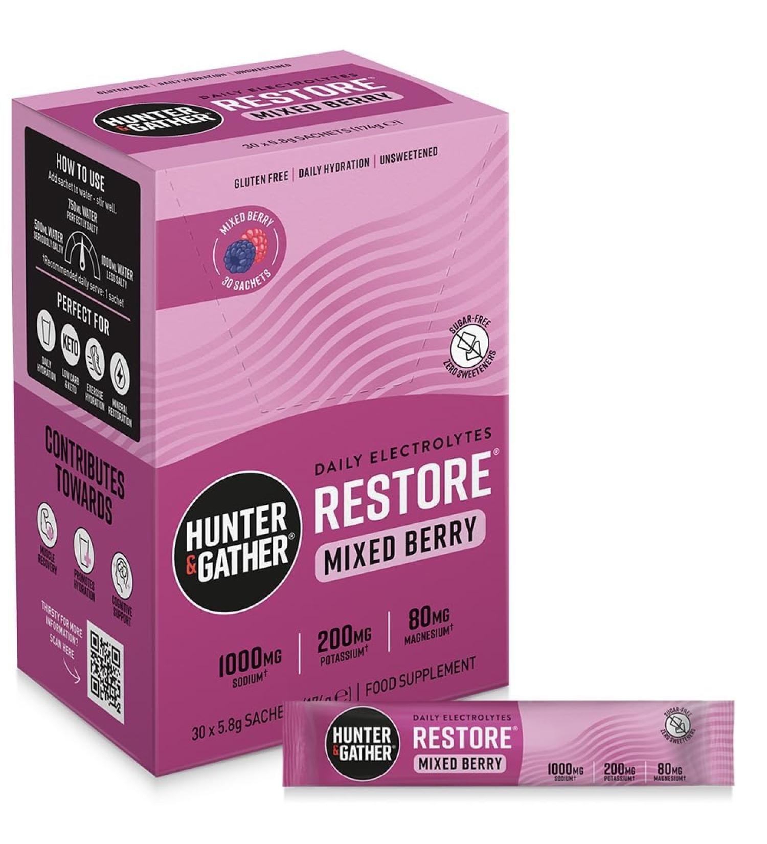 Hunter & Gather Restore Electrolytes Sachet de 30 sachets de poudre de baies M lange de baies Sans sucre Hydratation 100 % naturelle Rapport min ral optimal I Keto I Formul scientifiquement - Buy Online on GoSupps.com