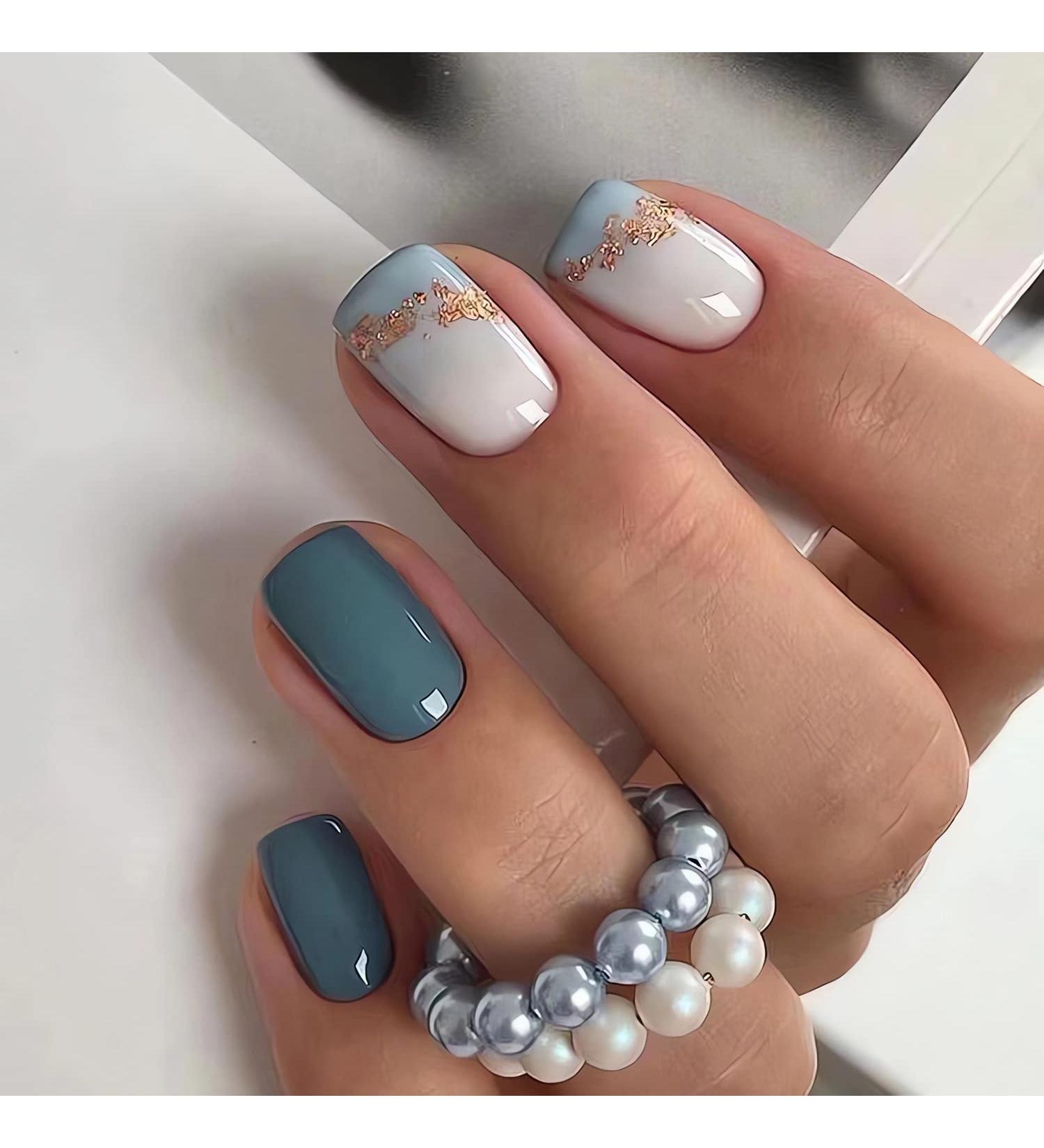 RTKHFZE Blue Glitter Short Square Press on Nails - 24PCS Full Cover Glossy False Nails for Women - Buy Online on GoSupps.com