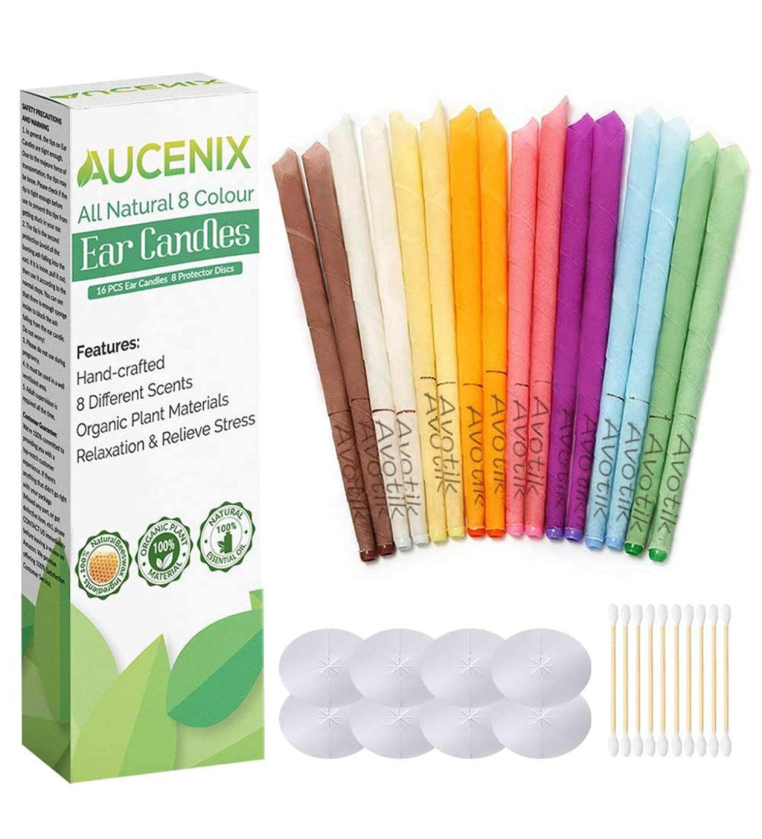 Aucenix All-Natural Ear Candles - Beeswax Ear Cleaner with 8 Protective Discs & Colors for Effective Ear Wax Removal - Buy Online on GoSupps.com