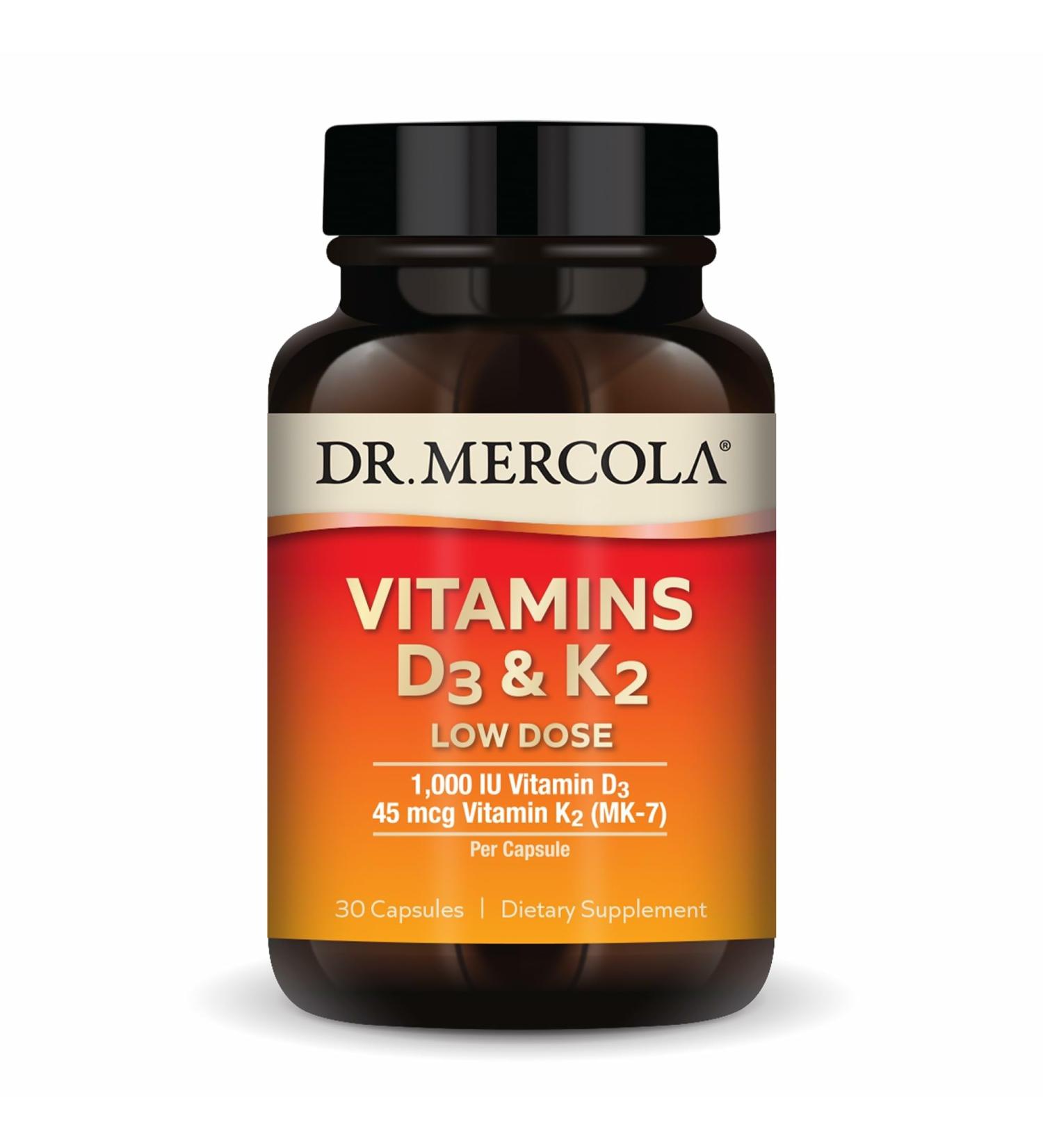 Dr. Mercola Vitamins D3 & K2 Low Dose - Maintain Vitamin D Levels - Supports Immune & Bone Health - MenaQ7 Chickpea-Sourced K2 - Non-GMO, Gluten-Free & Soy-Free - 30 Capsules (30 Servings) 30 Count (Pack of 1) - Buy Online on GoSupps.com