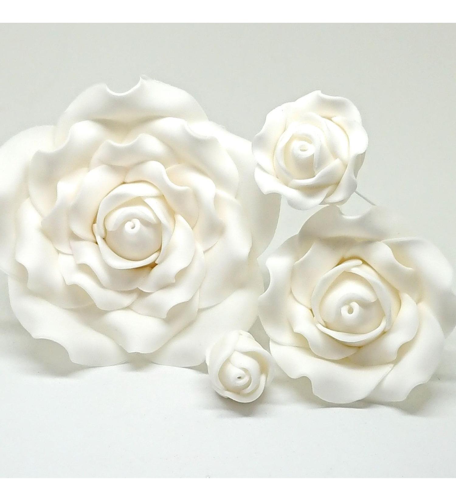 Sugar roses white *4 sizes* wired flower cake decoration topper (buds white x 5) - Buy Online on GoSupps.com