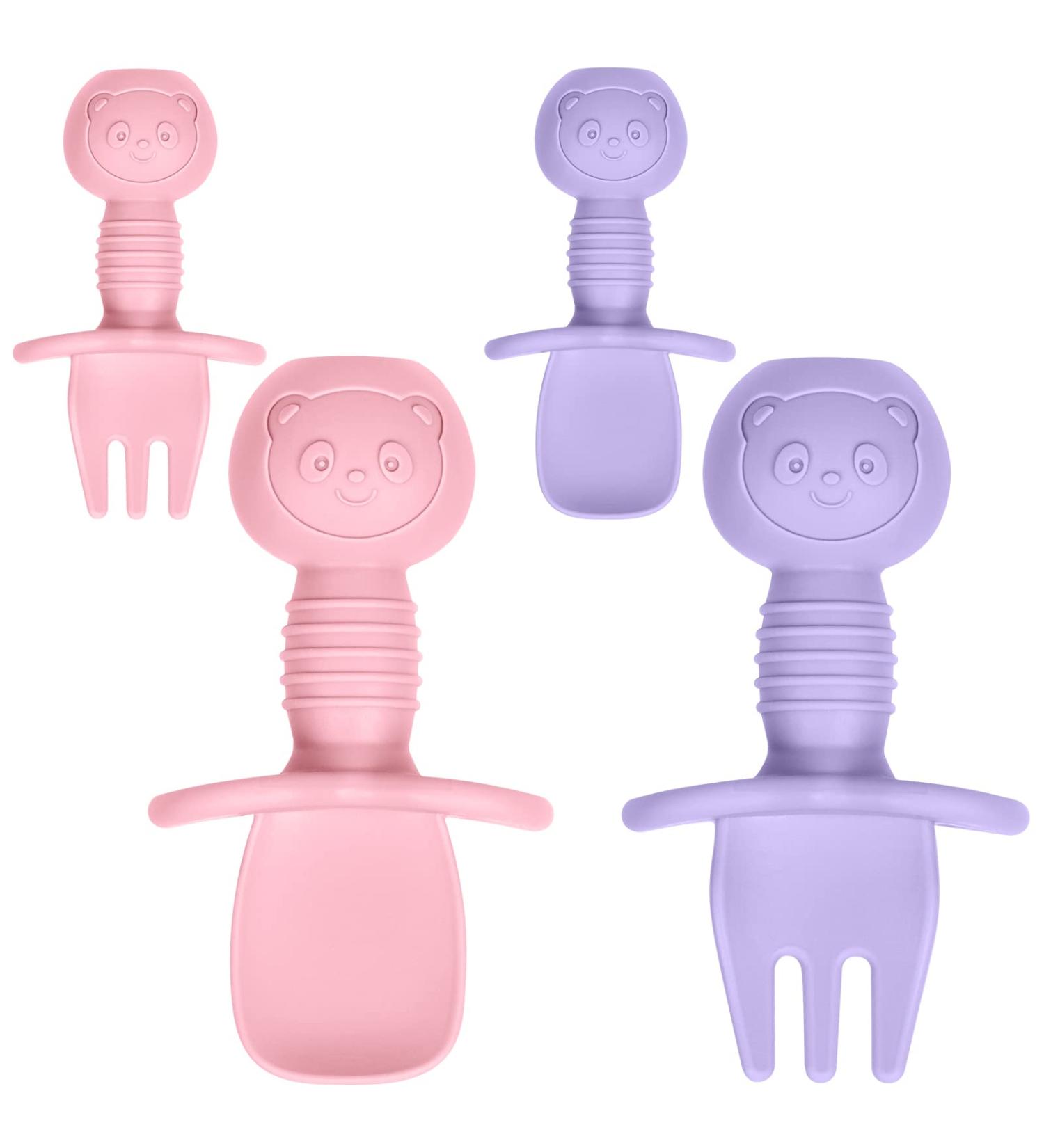 Vicloon Baby Fork and Spoon Set - 4Pcs Silicone Self Feeding Utensil for Infant, Toddler Cutlery Kit - Purple-Pink Color, Easy Grip, Ideal for Baby Weaning and Training - Buy Online on GoSupps.com