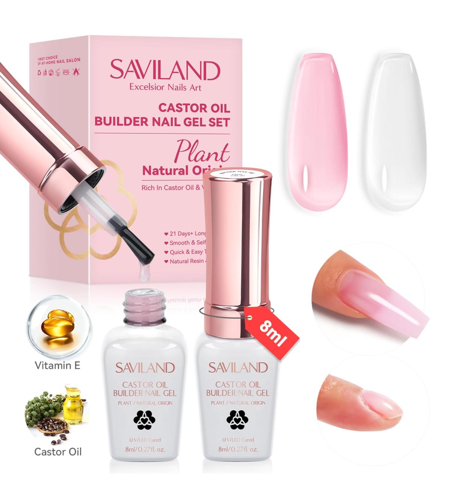 Saviland 2PCS Builder Nail Gel Kit with Castor Oil & Vitamin E | Plant-Based Nail Strengthener Hard Gel for Extensions & Repair - Clear & Pink - Buy Online on GoSupps.com