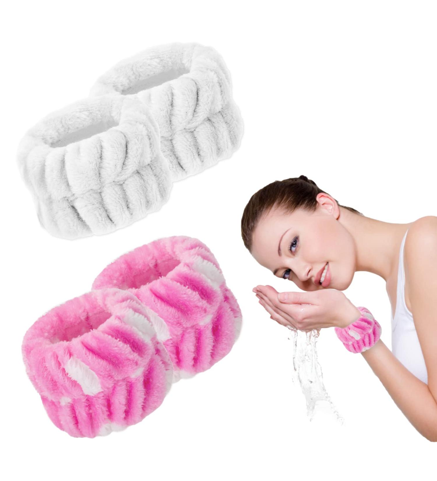 Wrist Washband Set for Women - Microfiber Spa Towels for Face Washing | Absorbent Sweatband to Prevent Spills - White & Pink (4PCS) - Buy Online on GoSupps.com