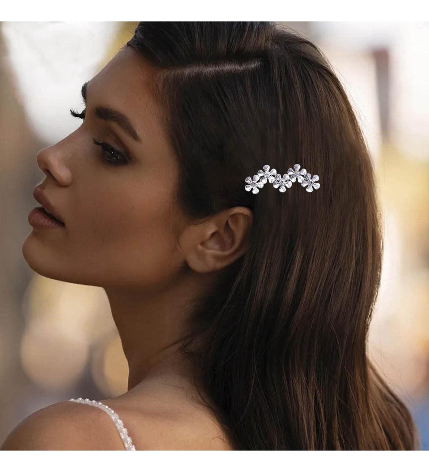 Aneneiceera Crystal Flower Hair Clip Silver Hair Clip One Word Clip Rhinestone Hairpin Headwear Decorative Hair Pins Headpiece Bridal Hair Accessories for Women and Girls (Silver) - Buy Online on GoSupps.com