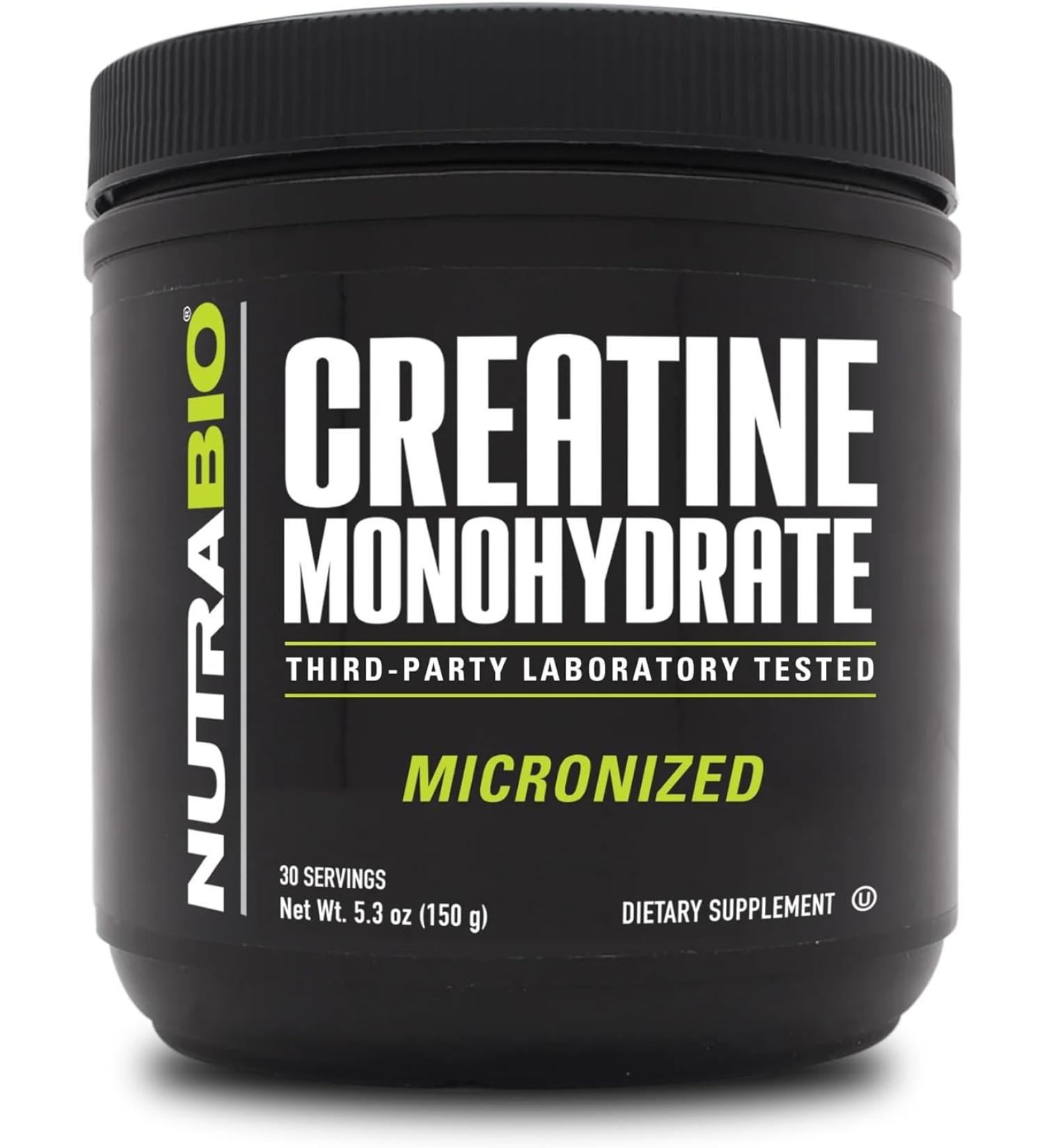 NutraBio Micronized Creatine Monohydrate - 150g Unflavored - Muscle Energy and Strength Support - HPLC Tested - 5.3oz Pack - Buy Online on GoSupps.com