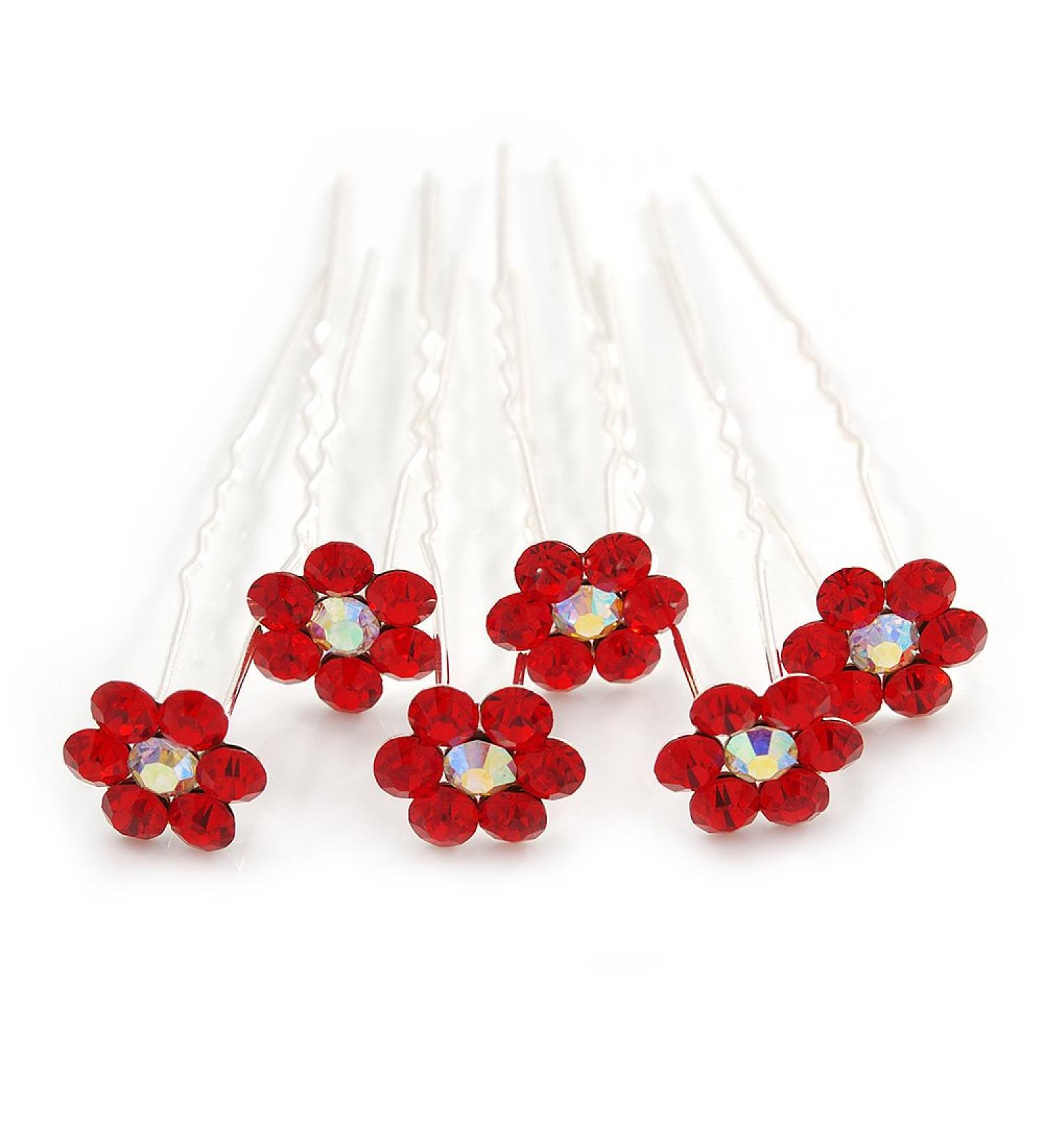 Bridal/Wedding/Prom/Party Set Of 6 Red Austrian Crystal Daisy Flower Hair Pins In Silver Tone - Buy Online on GoSupps.com