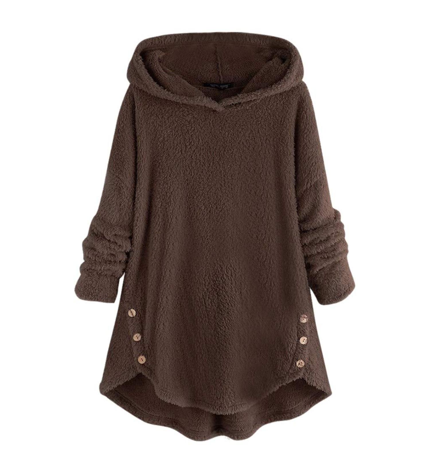 Bigfanshu Womens Sweaters Solid Fleece Asymmetrical Button Hem Plus Size Hoodie Top Sweater Blouse Coffee - Buy Online on GoSupps.com