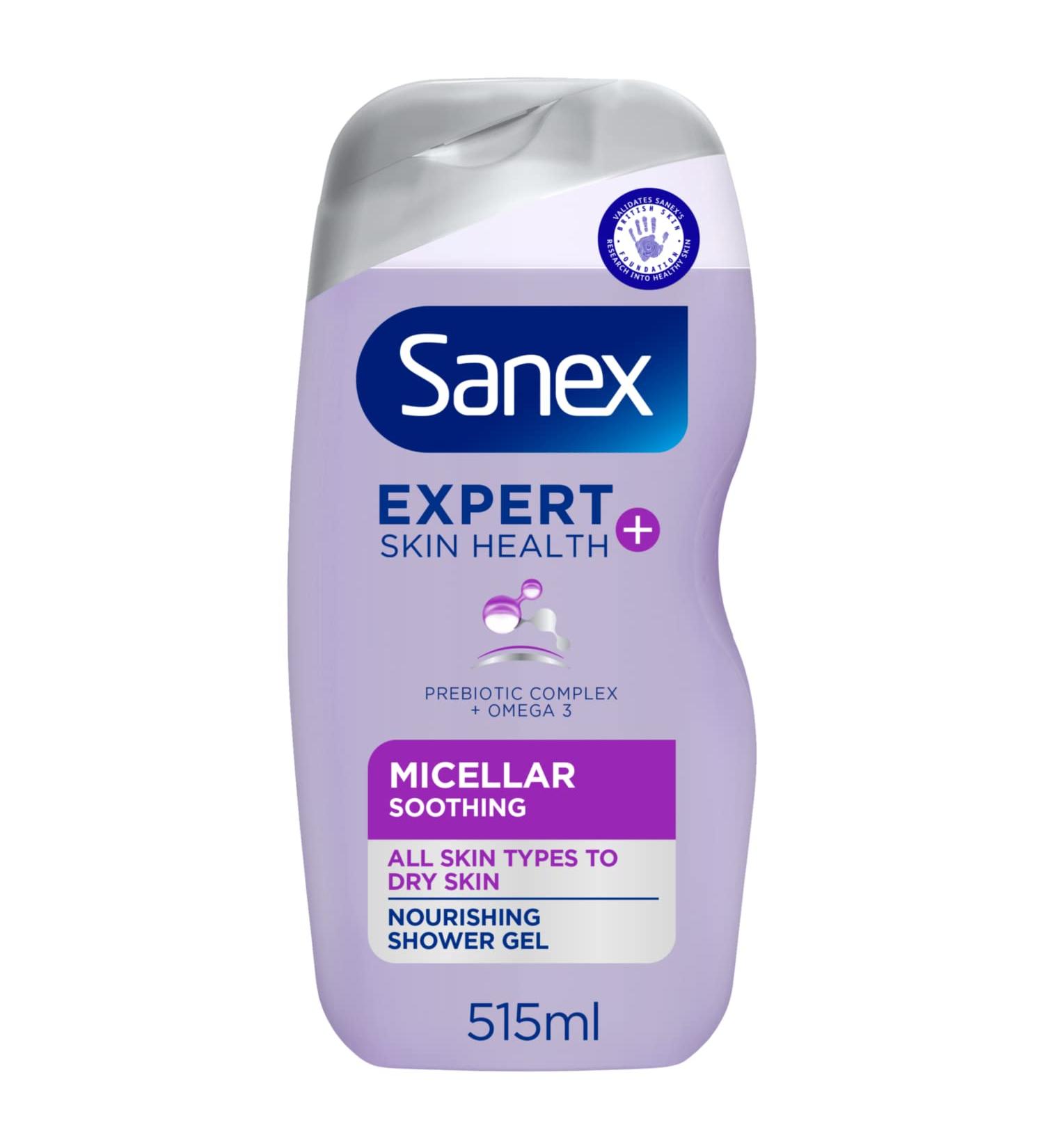 Sanex Expert Skin Health+ Micellar Soothing Shower Gel 515ml for dry skin body wash for men & women nourishes skin soothes skin tightness 12 hour hydration prebiotic & postbiotic complex Micellar Soothing 515 ml (Pack of 1) - Buy Online on GoSupps.com
