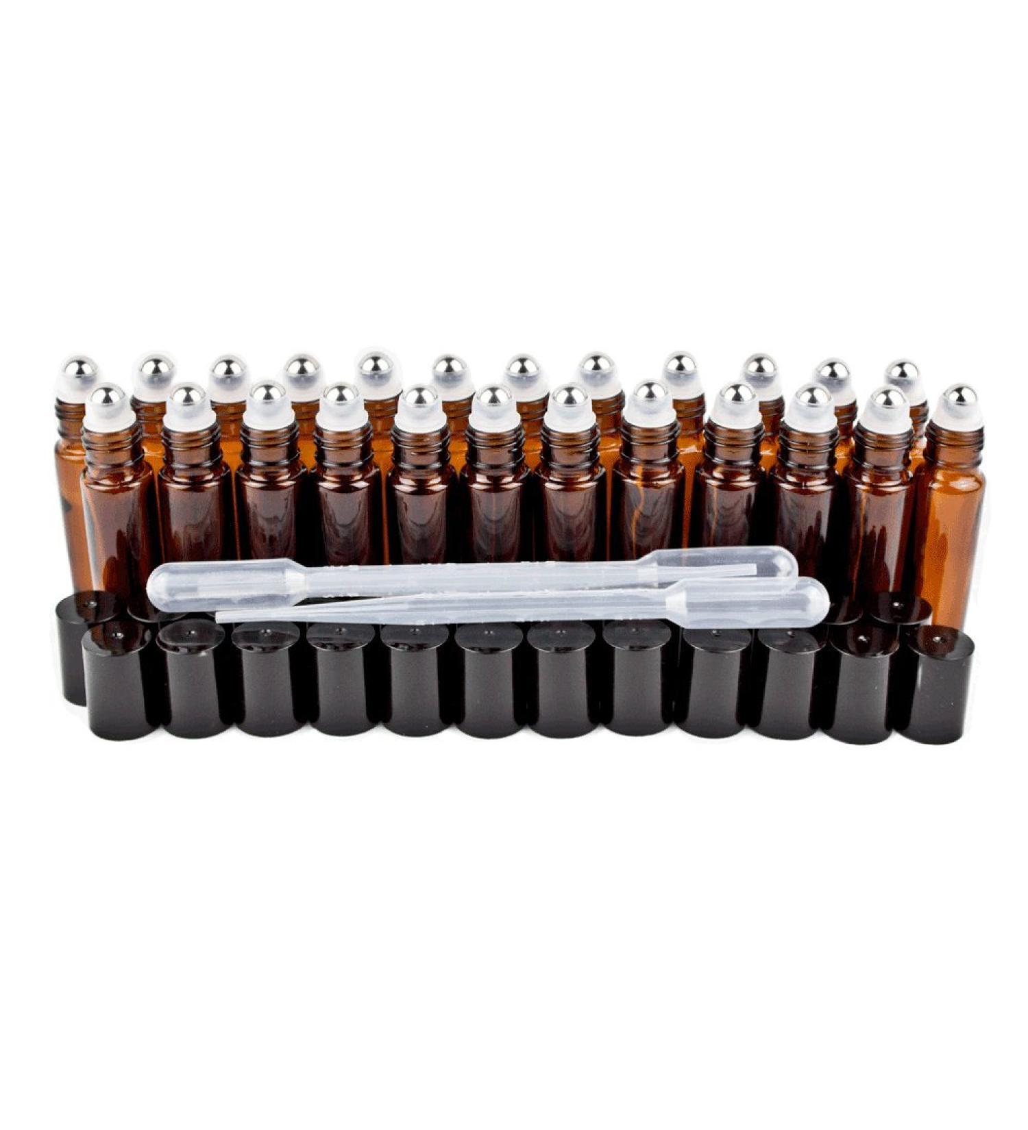 GreenHealth 24 Pack Amber Glass Roll-On Bottles with Stainless Steel Roller Balls & Droppers | 10 ml Capacity - Buy Online on GoSupps.com