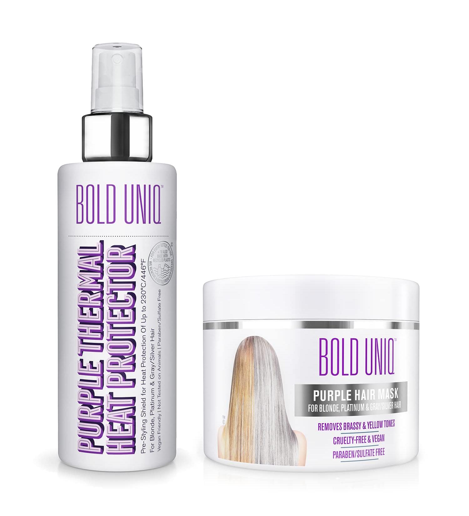 Bold Uniq Purple Heat Protectant Spray & Hair Mask Bundle for Blonde, Platinum, Ash & Silver/Gray Hair - Banish Yellow Tones. Paraben & Sulfate Free, Vegan & Cruelty Free - Buy Online on GoSupps.com