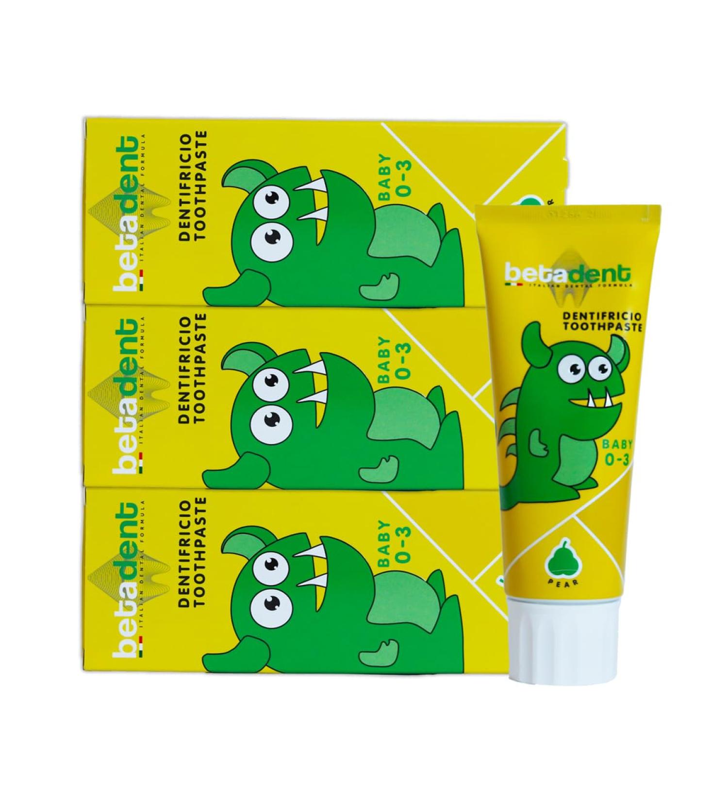  BETADENT Betadent 3 x Baby Toothpaste Kit for Children 0-3 Years Without Fluoride Pear Flavour Antiplaque Action Easy Teething Natural Formulation 3 x 75 ml - Buy Online on GoSupps.com