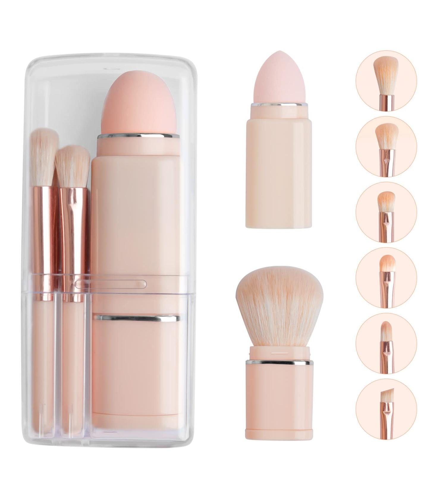 8-in-1 Retractable Makeup Brush Set | Travel Size Loose Powder, Angled, Eyeshadow, Beauty Sponge, Foundation & Lip Brushes | Portable Pink Set - Buy Online on GoSupps.com