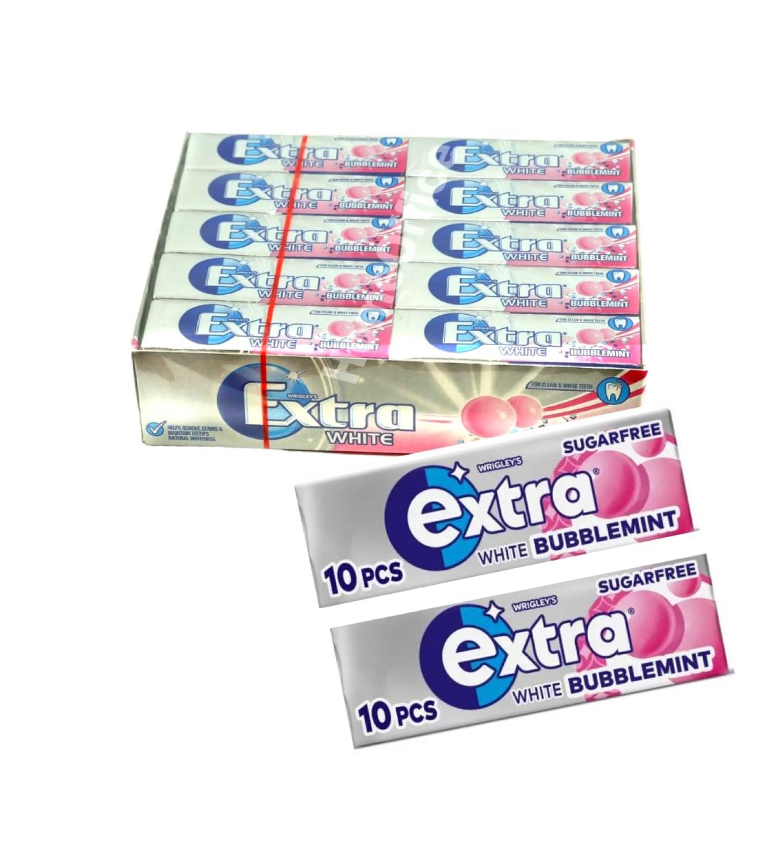 Extra White Bubblemint Sugarfree Chewing Gum Fruit and Mint Flavours For Clean & White Teeth 30 x 10 Packs (FULL PACK)