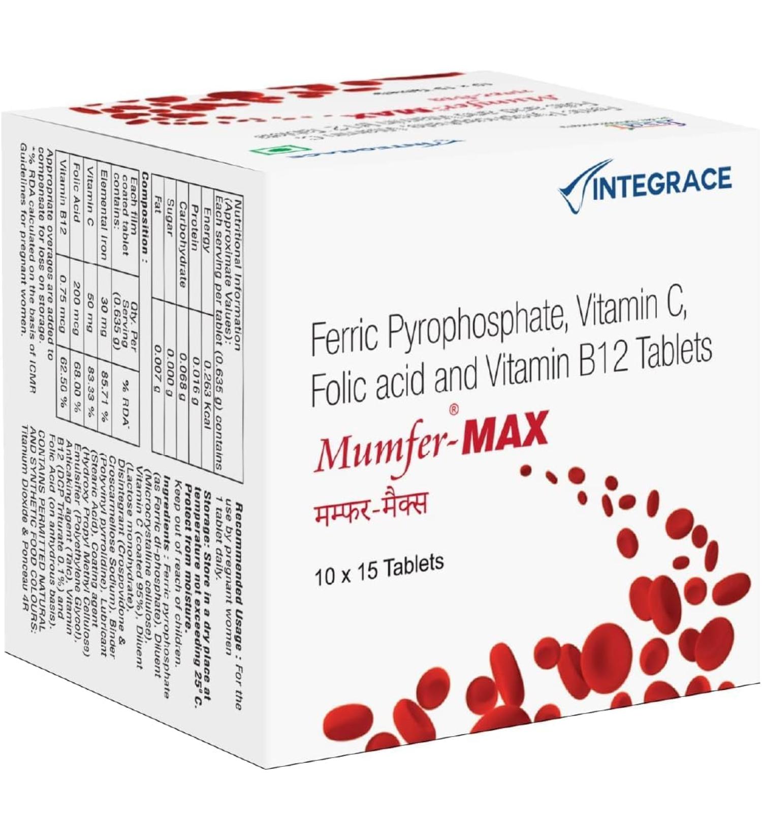 Mumfer-MAX Iron Folic Acid Supplement | 150 Tablets | Vitamin C & Vitamin-B12 for Blood Building Immunity and Energy - Buy Online on GoSupps.com