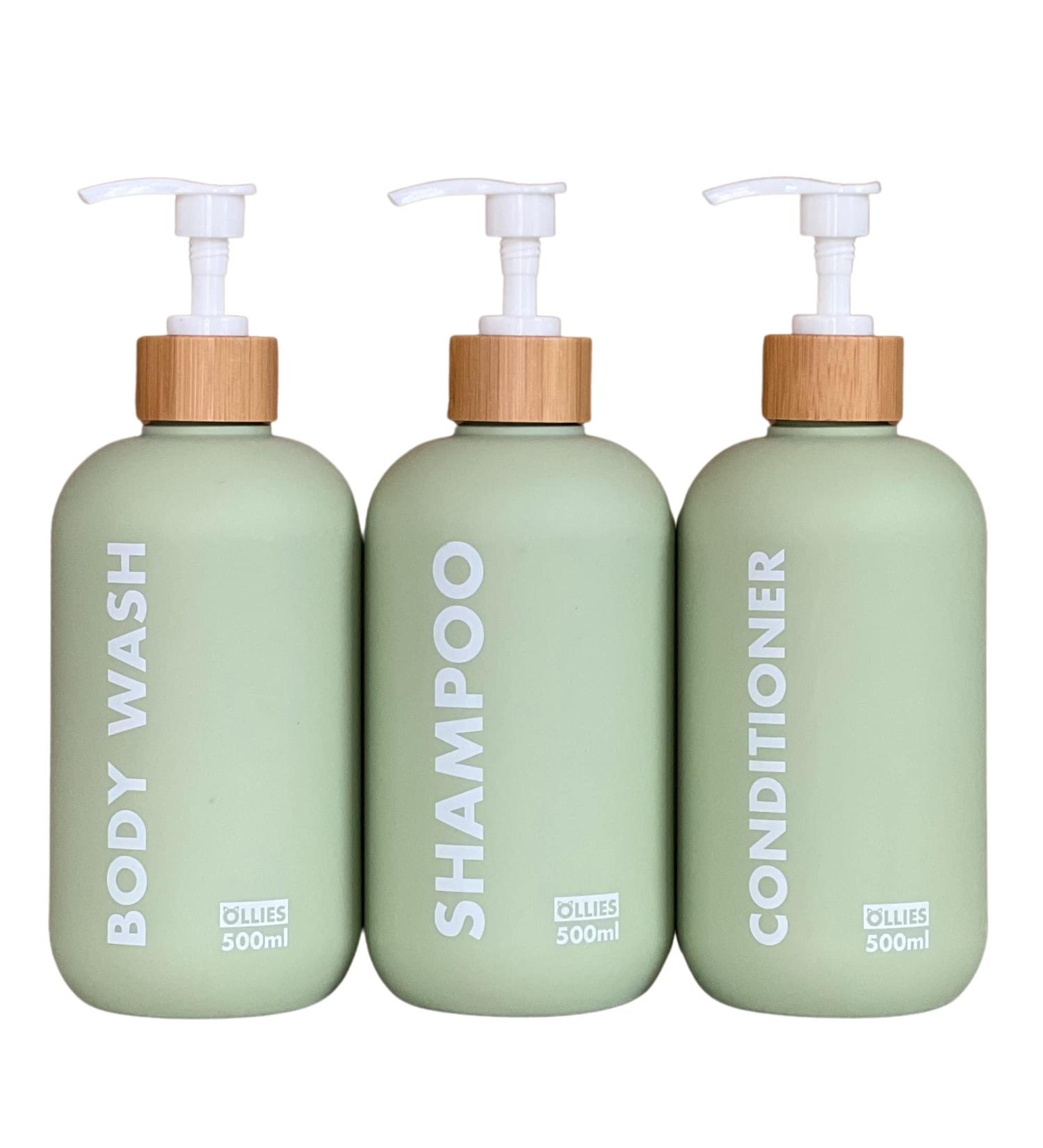 OLLIES Refillable Shampoo and Conditioner Bottles - Set of 3 | Stylish Label | 17oz | Shower Soap Dispenser - Buy Online on GoSupps.com