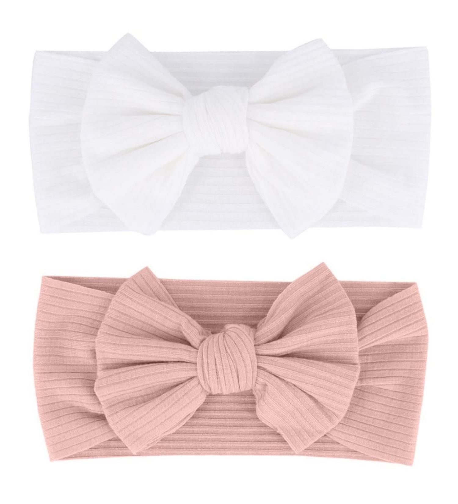 Baby Headbands 2 Pcs | Baby Bows Nylon Headband Set for Girls | Soft Elastic Hair Bands for Newborns & Toddlers (Pink/White) - Buy Online on GoSupps.com