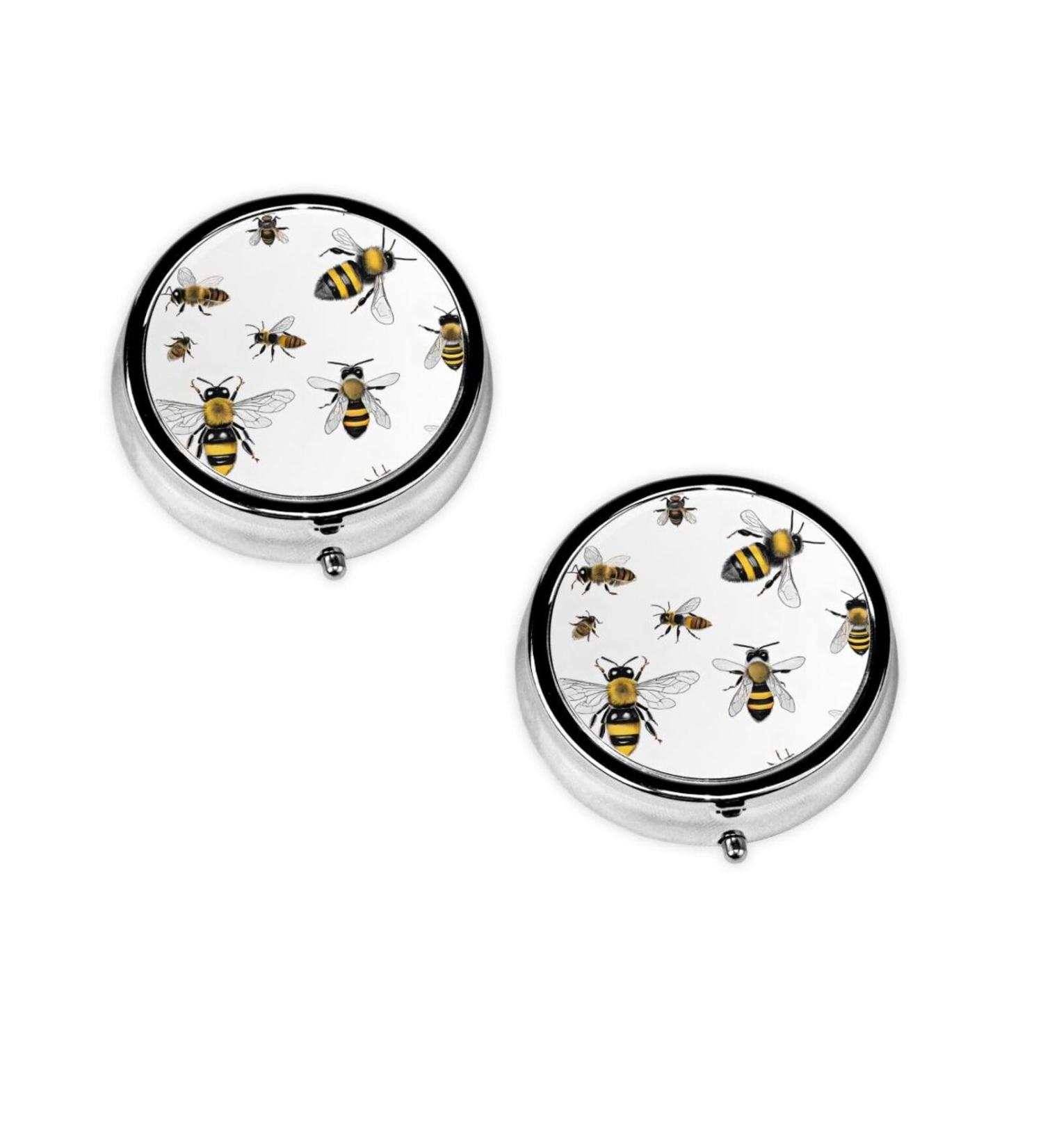 Funny Bees Round Pill Box - 3 Compartment Mini Travel Organizer for Medicine Vitamins & Tablets - Buy Online on GoSupps.com