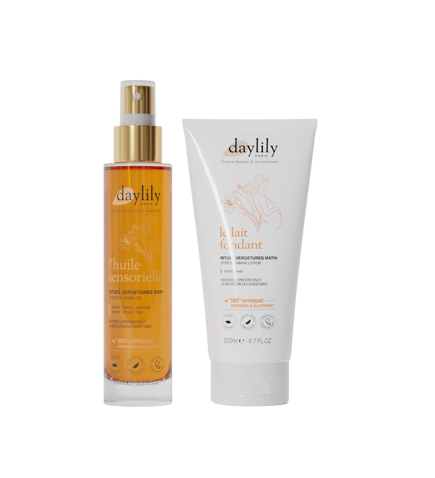 Daylily | Anti-Stretch Marks Set | Morning Stretch Marks Ritual Fondant Milk 200ml + Ritual Sensory Oil Stretch Marks 100ml | Moisturizes and Nourishes the Skin | Vegan & Cruelty Free | Made in France - Buy Online on GoSupps.com